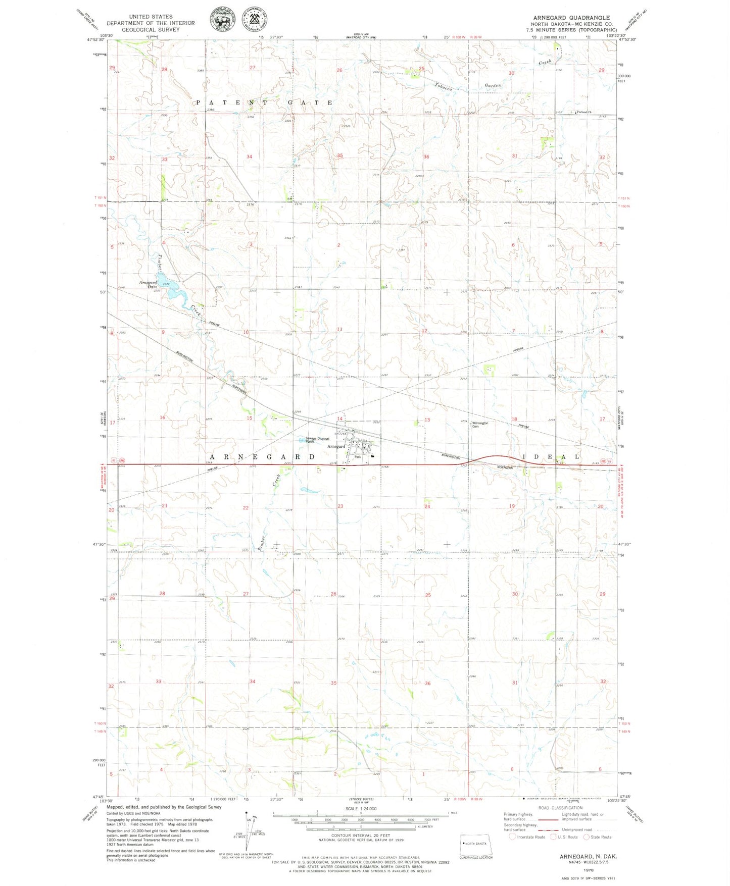 Classic USGS Arnegard North Dakota 7.5'x7.5' Topo Map Image