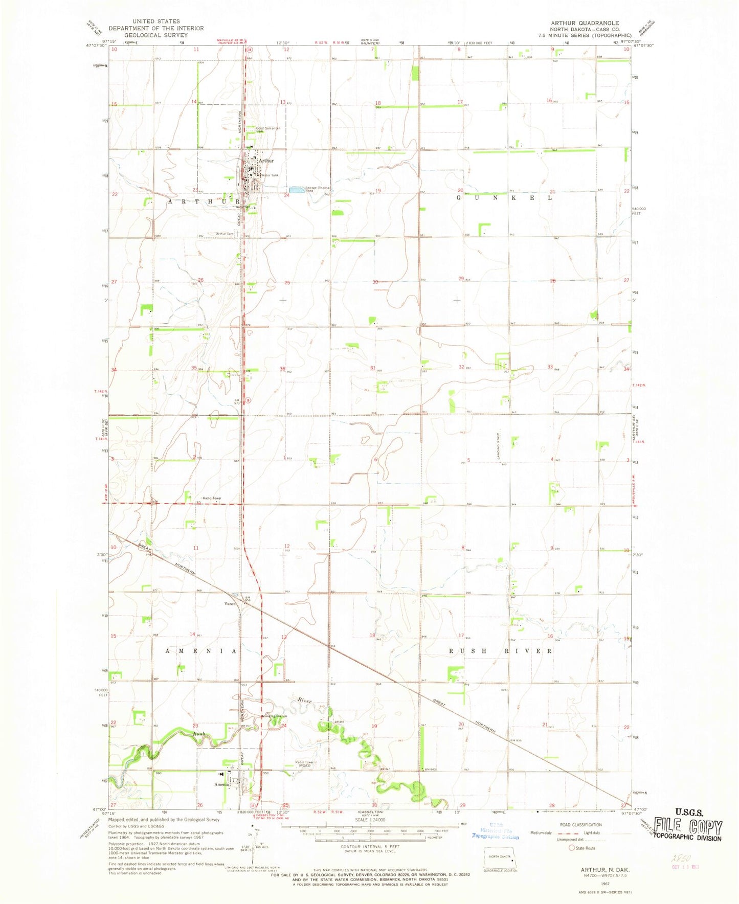 Classic USGS Arthur North Dakota 7.5'x7.5' Topo Map Image