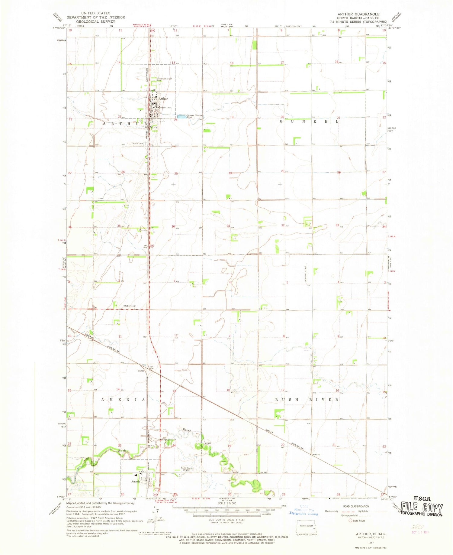 Classic USGS Arthur North Dakota 7.5'x7.5' Topo Map Image