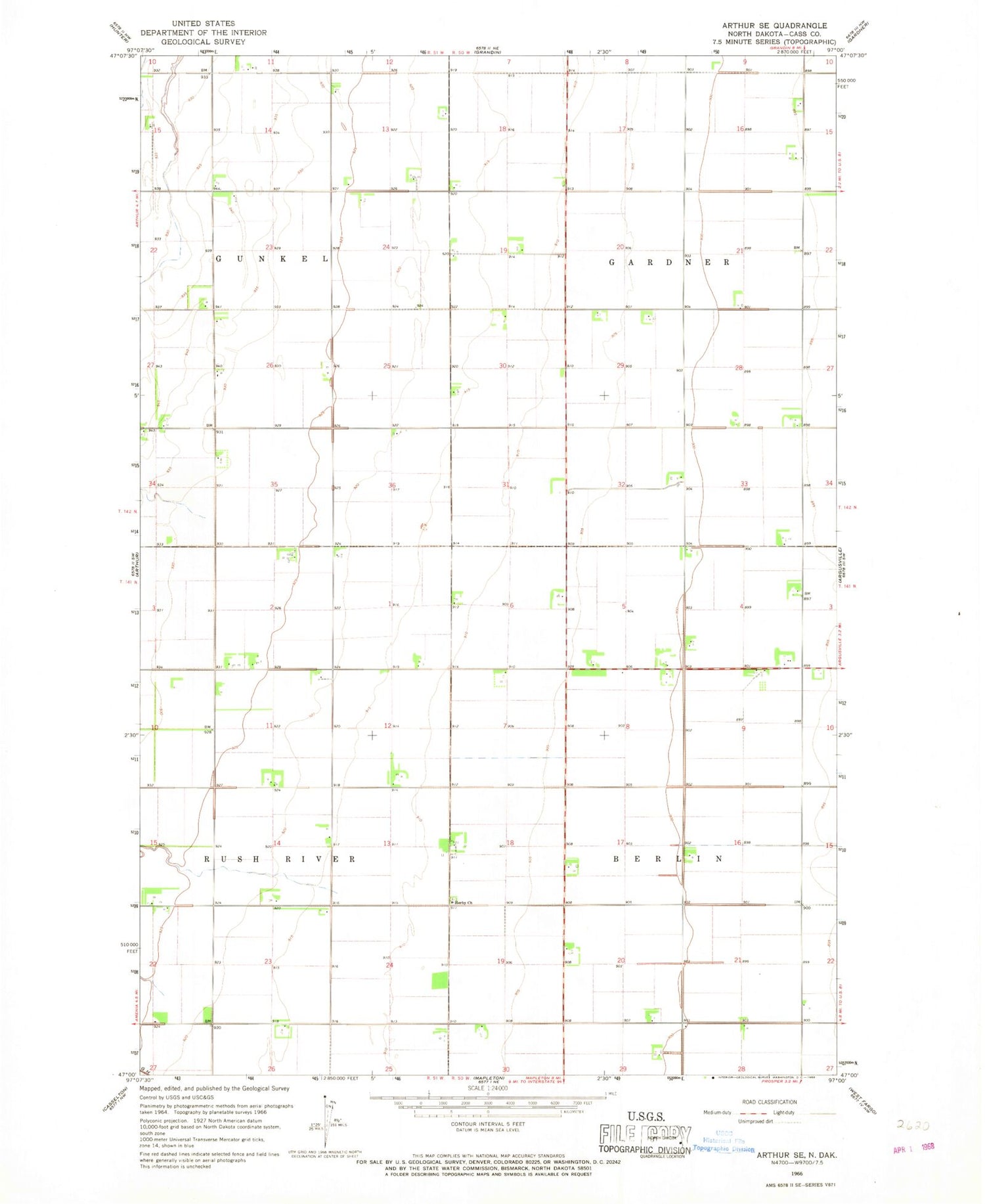 Classic USGS Arthur SE North Dakota 7.5'x7.5' Topo Map Image