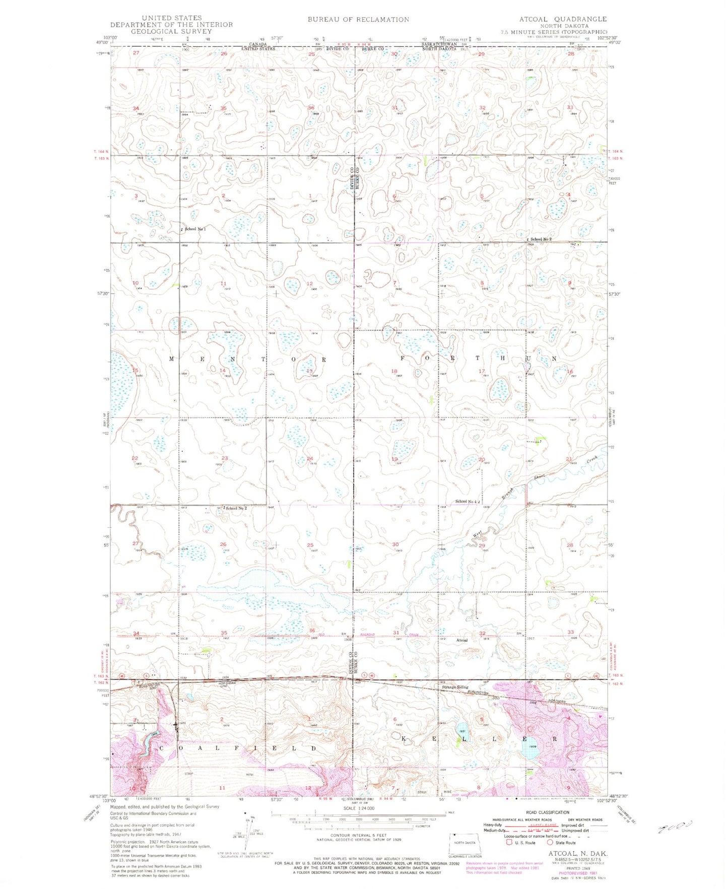 Classic USGS Atcoal North Dakota 7.5'x7.5' Topo Map Image