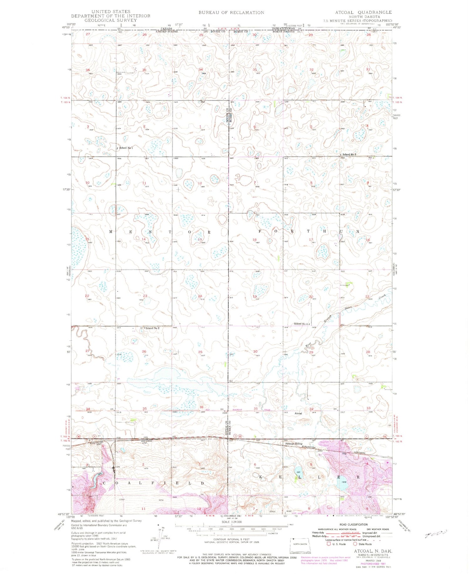 Classic USGS Atcoal North Dakota 7.5'x7.5' Topo Map Image