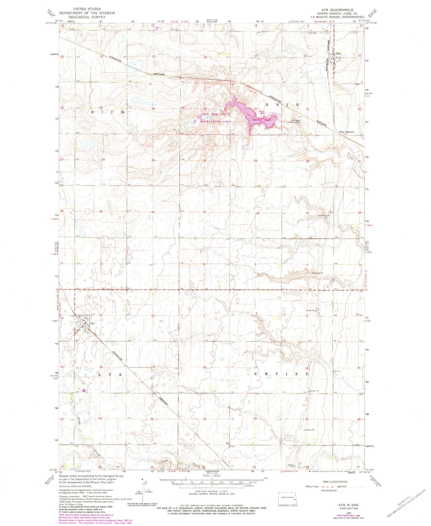 Classic USGS Ayr North Dakota 7.5'x7.5' Topo Map Image