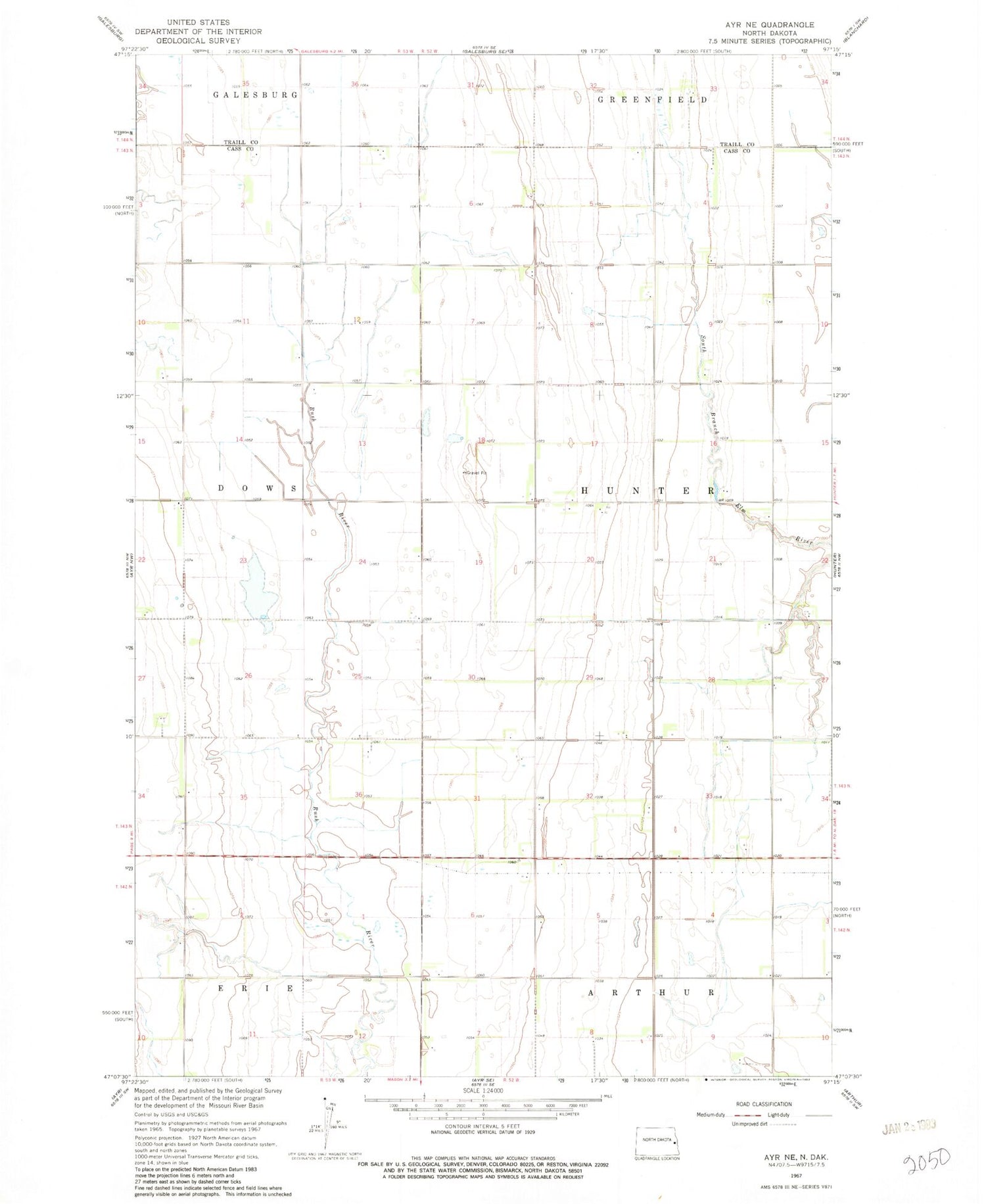 Classic USGS Ayr NE North Dakota 7.5'x7.5' Topo Map Image