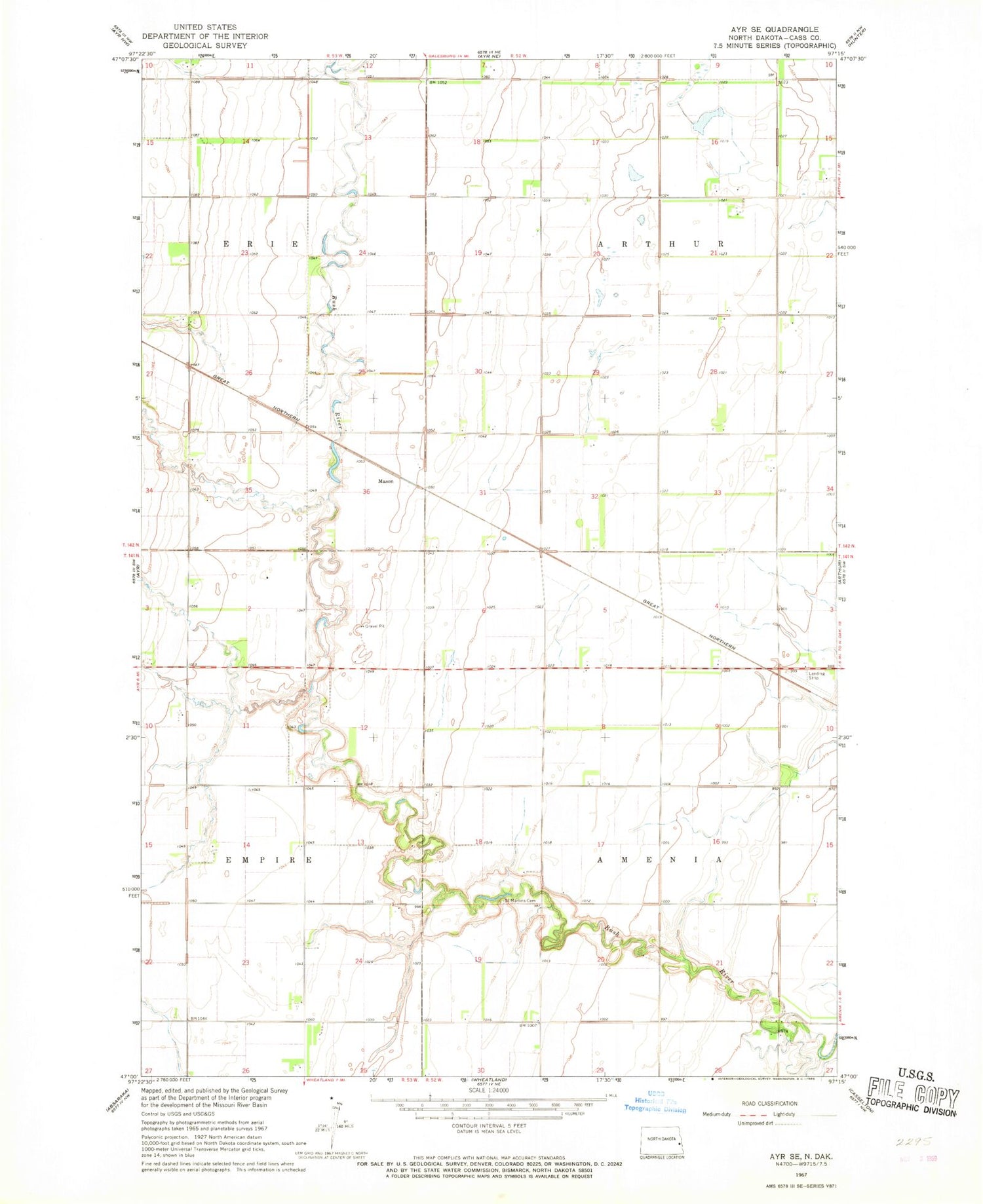 Classic USGS Ayr SE North Dakota 7.5'x7.5' Topo Map Image