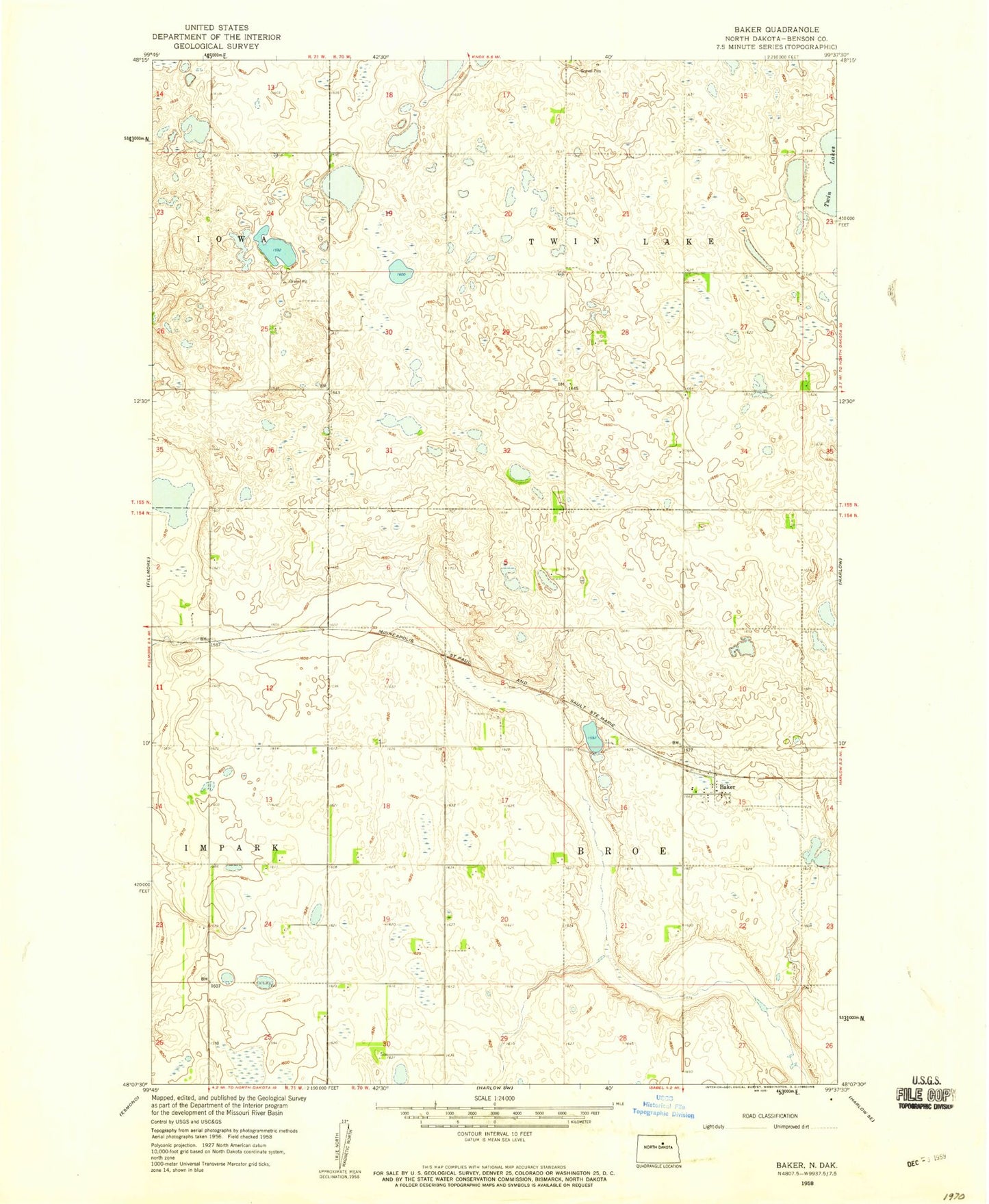 Classic USGS Baker North Dakota 7.5'x7.5' Topo Map Image
