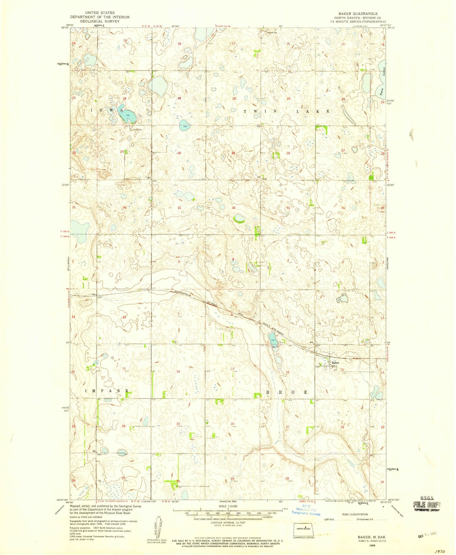 Classic USGS Baker North Dakota 7.5'x7.5' Topo Map Image