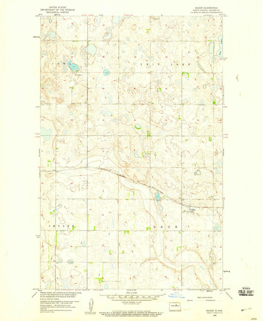 Classic USGS Baker North Dakota 7.5'x7.5' Topo Map Image