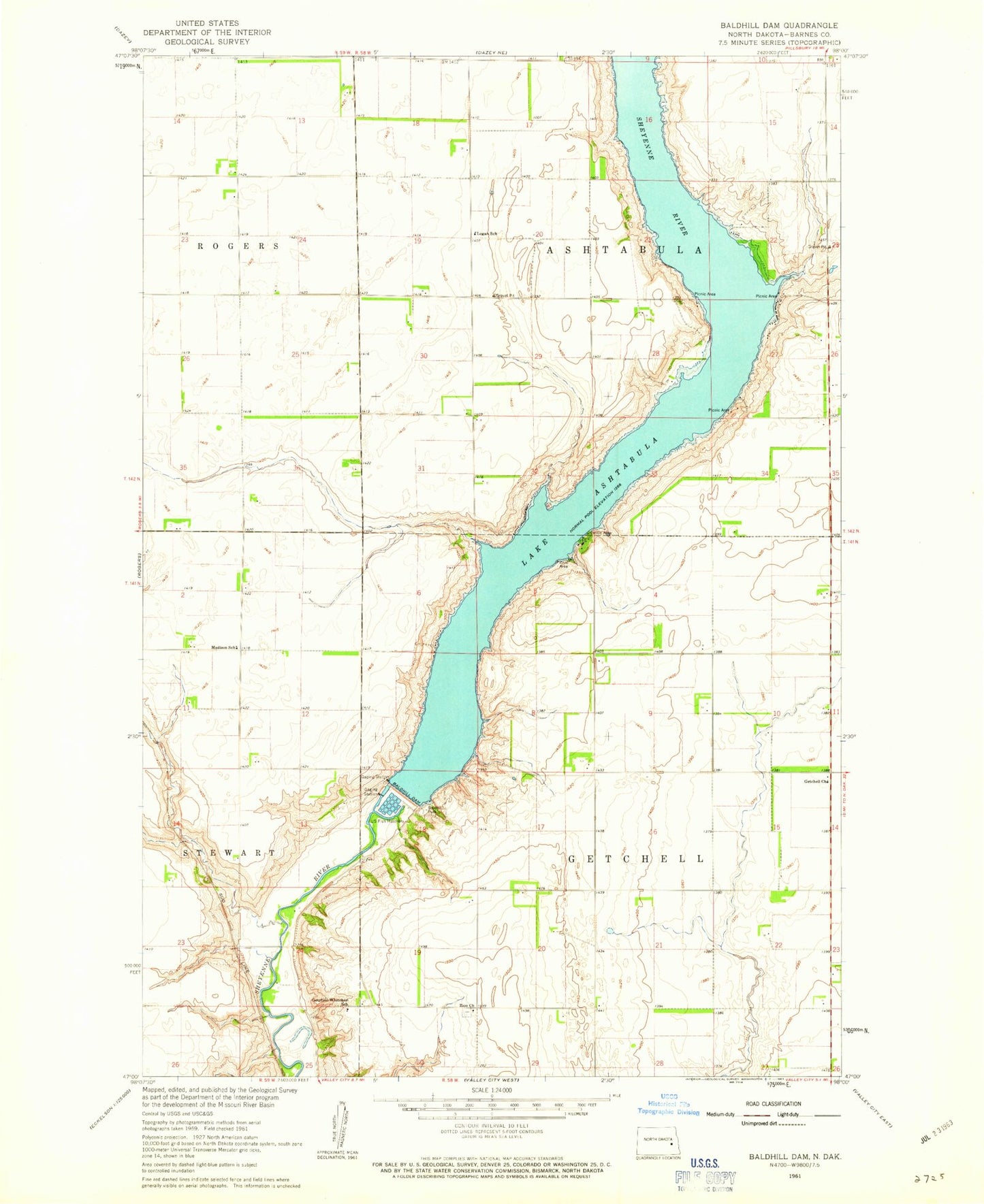 Classic USGS Baldhill Dam North Dakota 7.5'x7.5' Topo Map Image