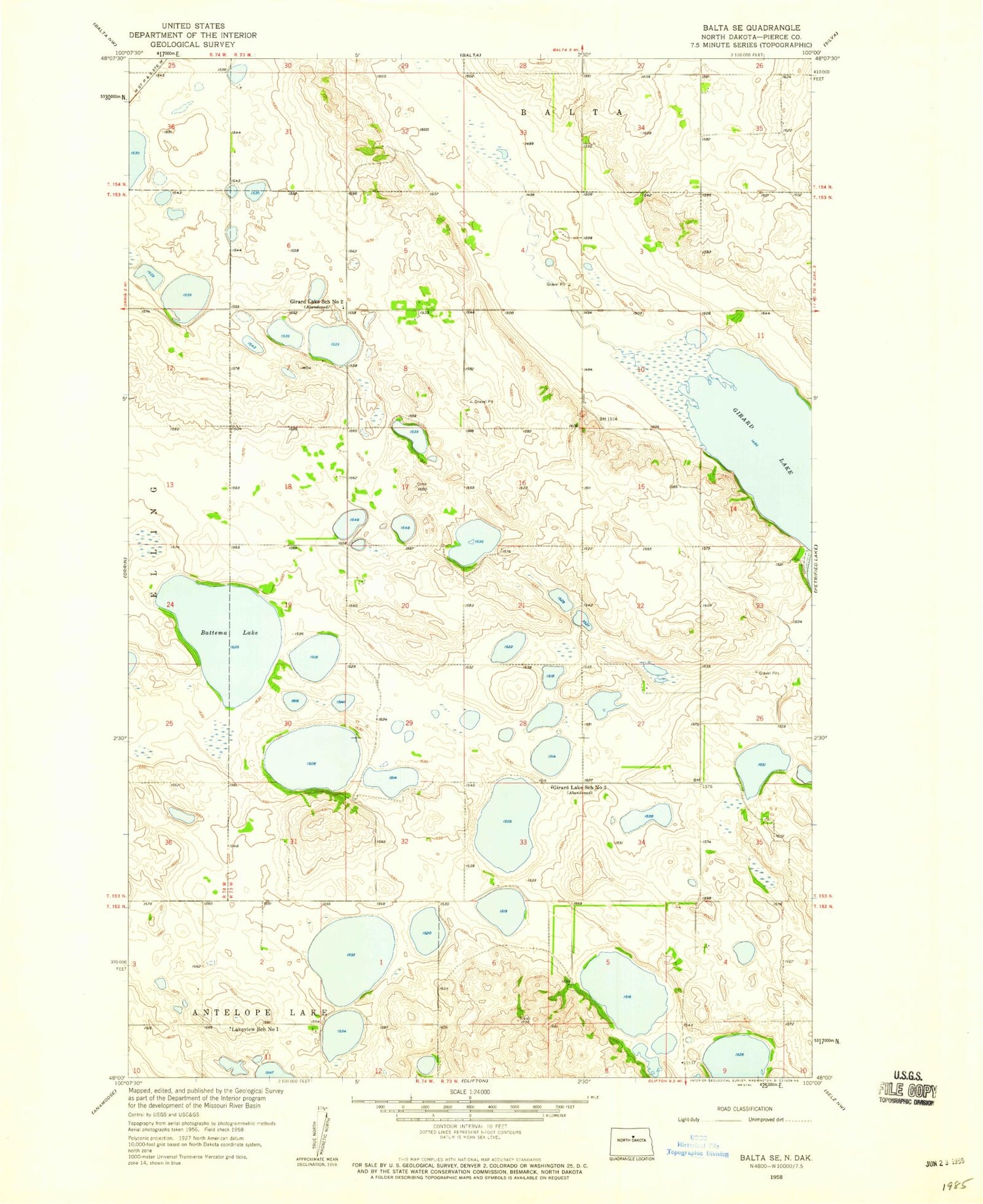 Classic USGS Balta SE North Dakota 7.5'x7.5' Topo Map Image