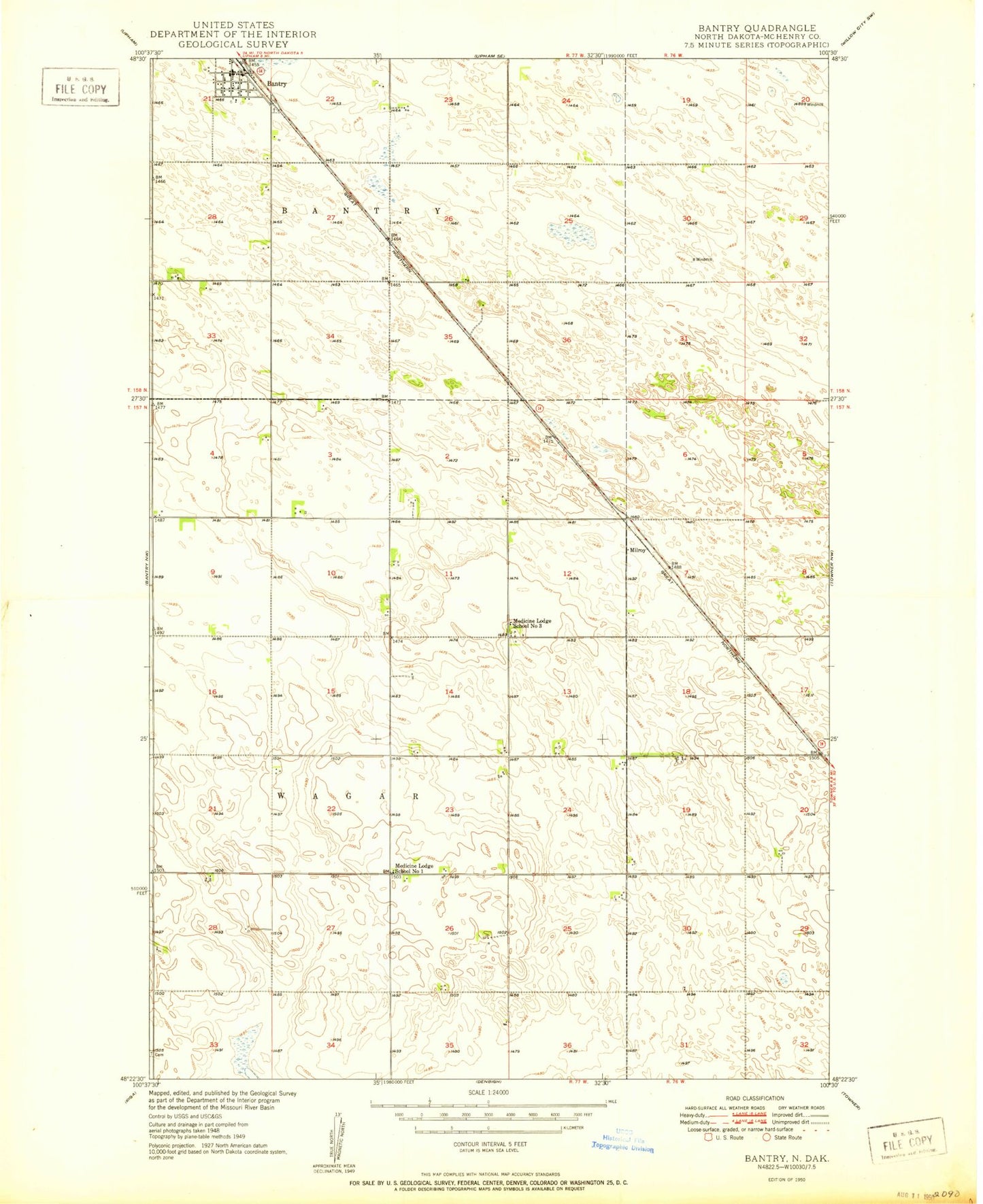 Classic USGS Bantry North Dakota 7.5'x7.5' Topo Map Image