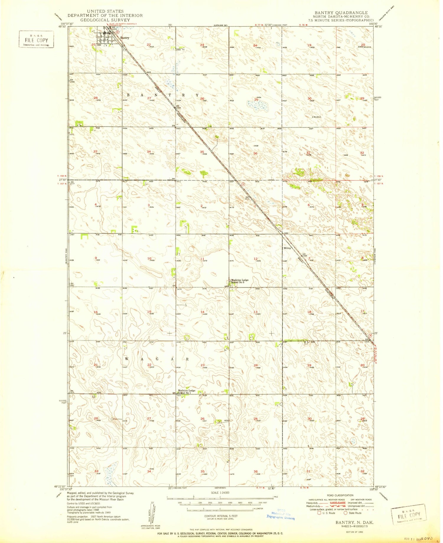 Classic USGS Bantry North Dakota 7.5'x7.5' Topo Map Image