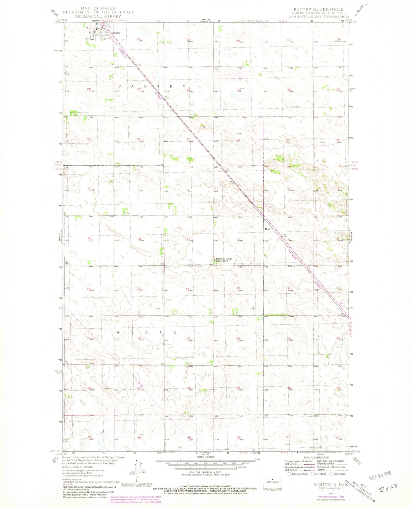 Classic USGS Bantry North Dakota 7.5'x7.5' Topo Map Image
