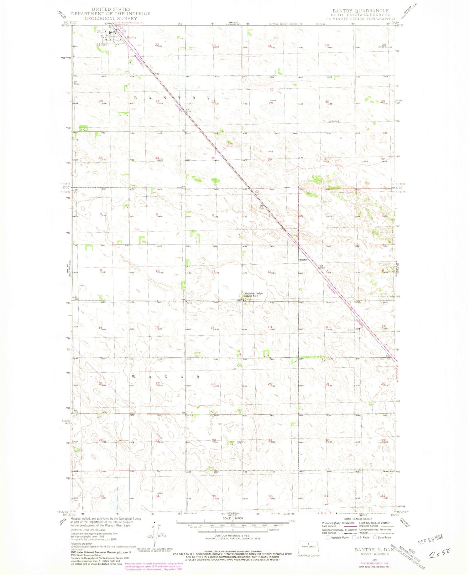 Classic USGS Bantry North Dakota 7.5'x7.5' Topo Map Image