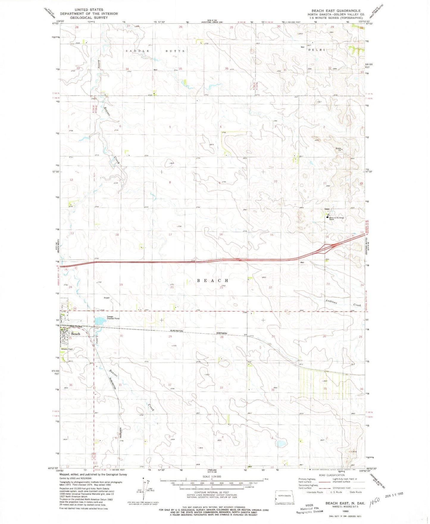 Classic USGS Beach East North Dakota 7.5'x7.5' Topo Map Image