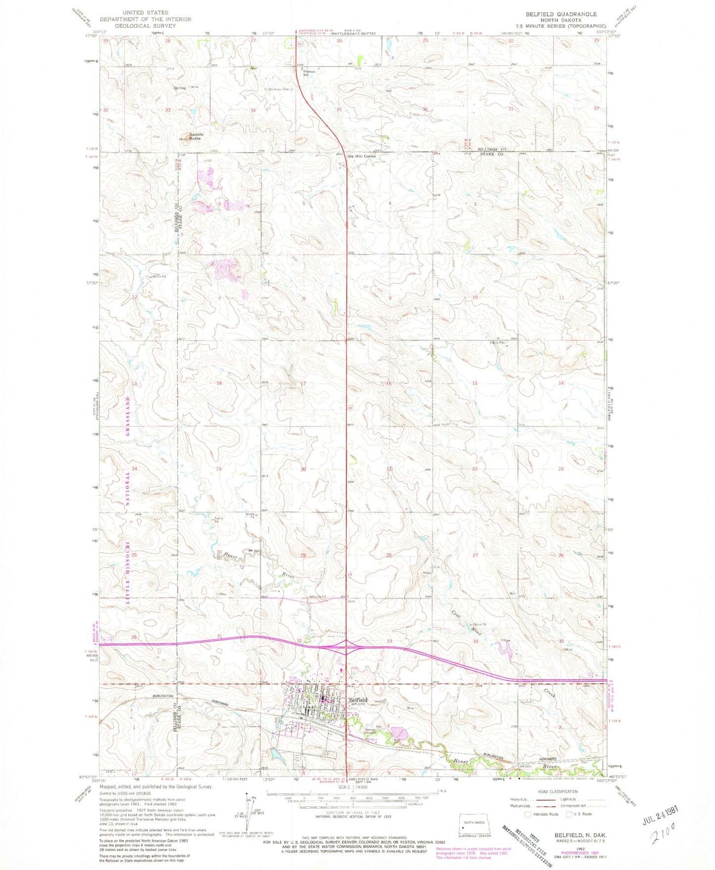Classic USGS Belfield North Dakota 7.5'x7.5' Topo Map Image