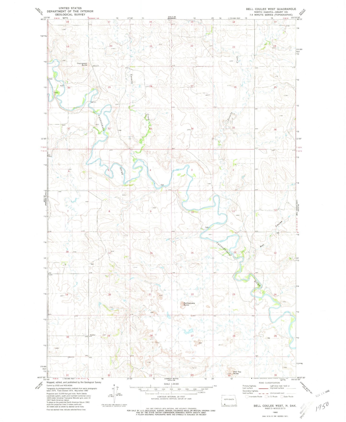 Classic USGS Bell Coulee West North Dakota 7.5'x7.5' Topo Map Image