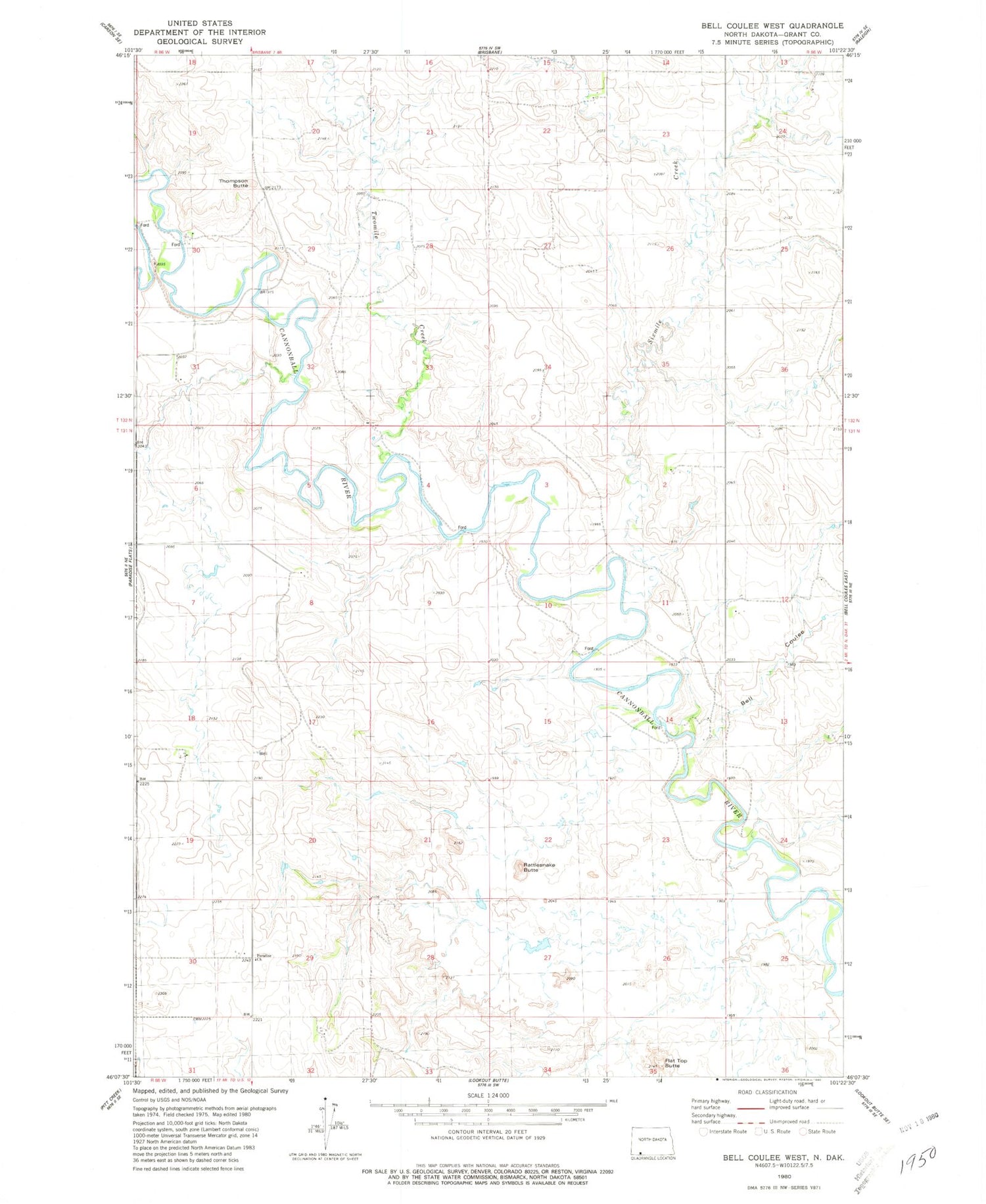 Classic USGS Bell Coulee West North Dakota 7.5'x7.5' Topo Map Image