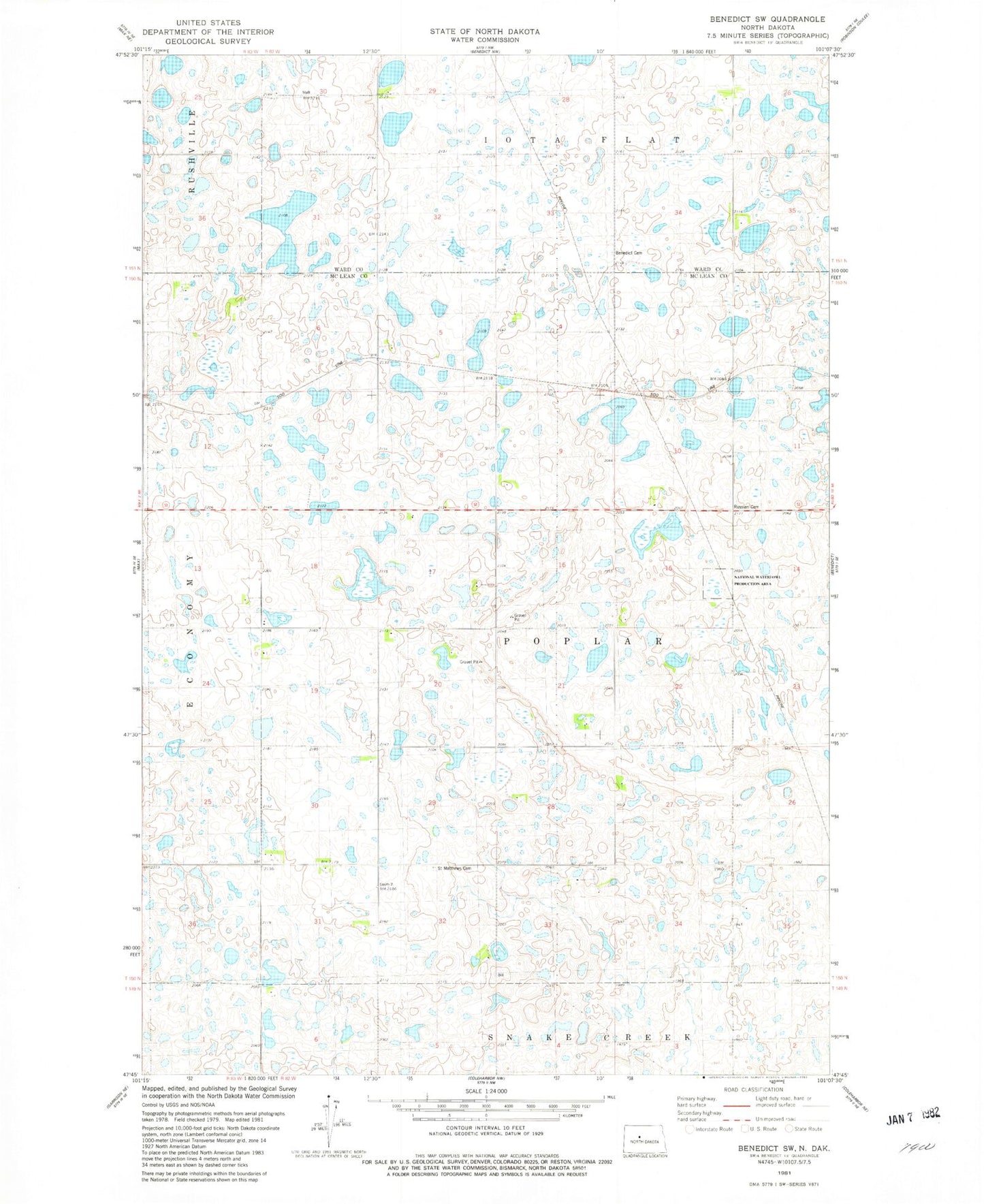 Classic USGS Benedict SW North Dakota 7.5'x7.5' Topo Map Image
