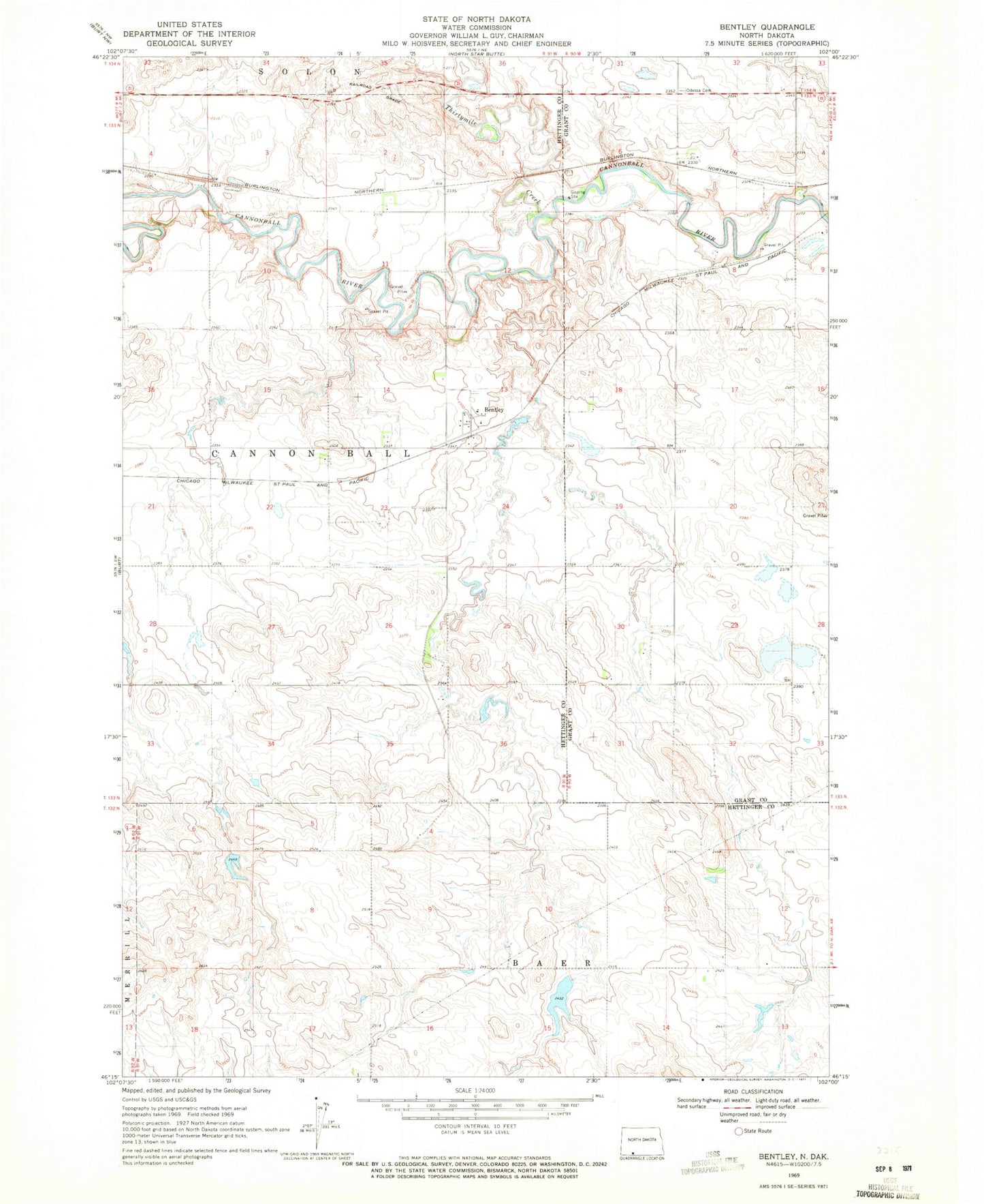 Classic USGS Bentley North Dakota 7.5'x7.5' Topo Map Image