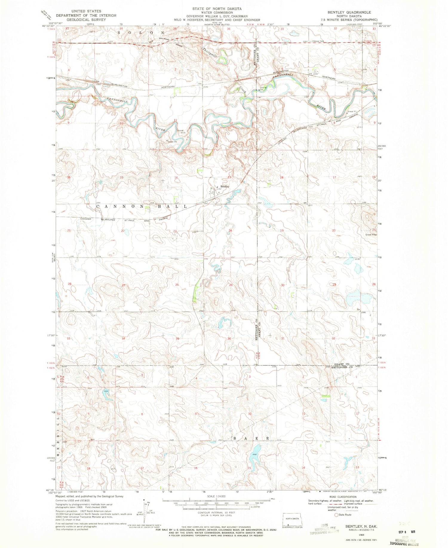 Classic USGS Bentley North Dakota 7.5'x7.5' Topo Map Image