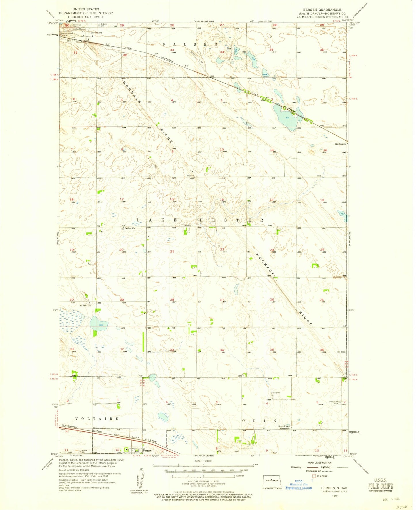 Classic USGS Bergen North Dakota 7.5'x7.5' Topo Map Image