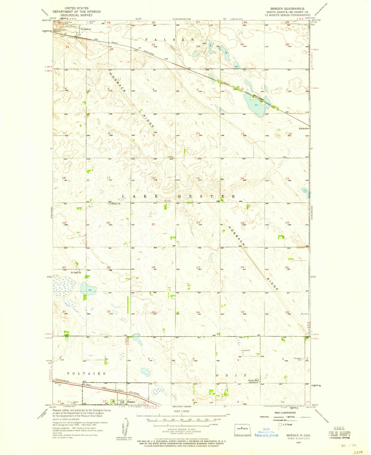 Classic USGS Bergen North Dakota 7.5'x7.5' Topo Map Image