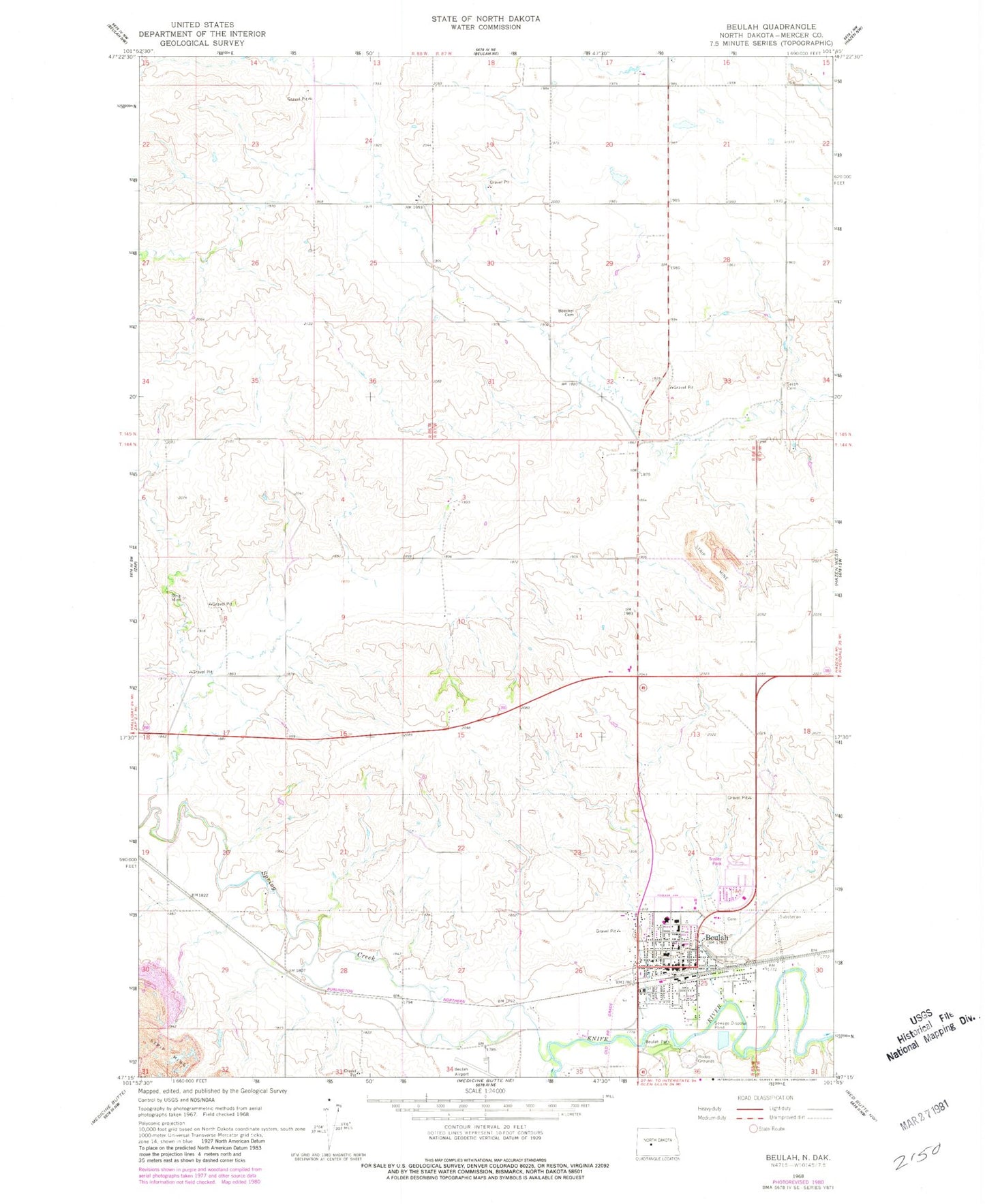 Classic USGS Beulah North Dakota 7.5'x7.5' Topo Map Image