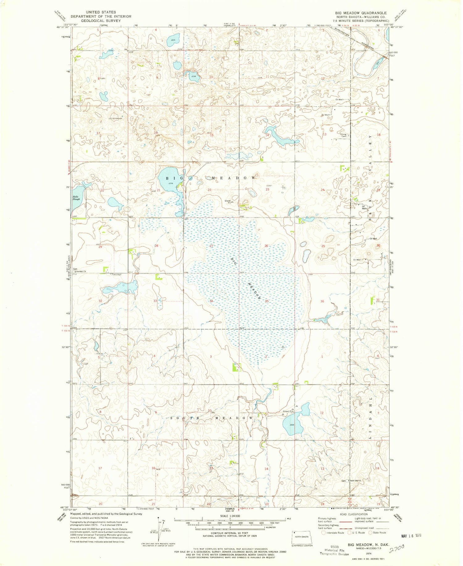 Classic USGS Big Meadow North Dakota 7.5'x7.5' Topo Map Image