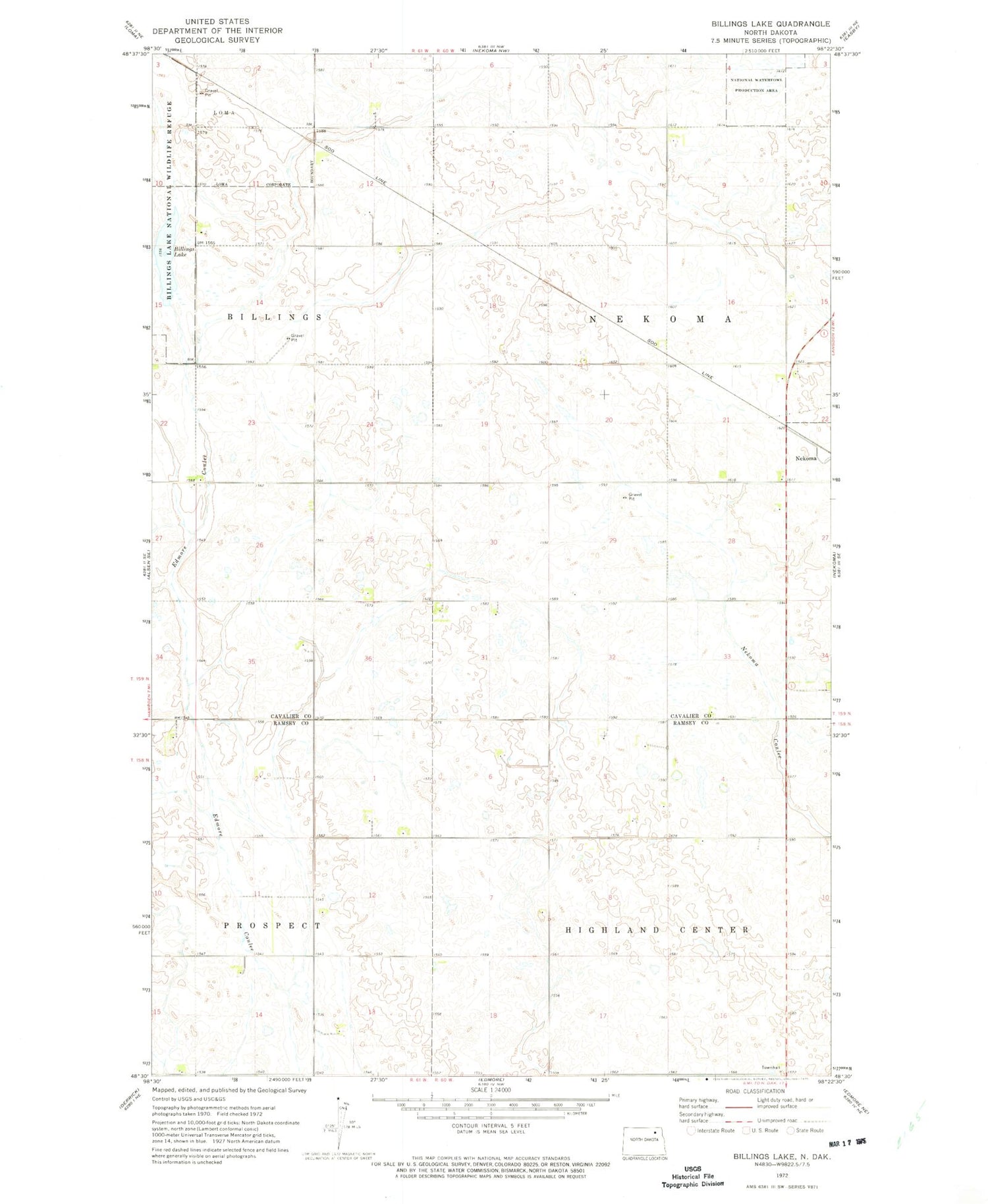 Classic USGS Billings Lake North Dakota 7.5'x7.5' Topo Map Image