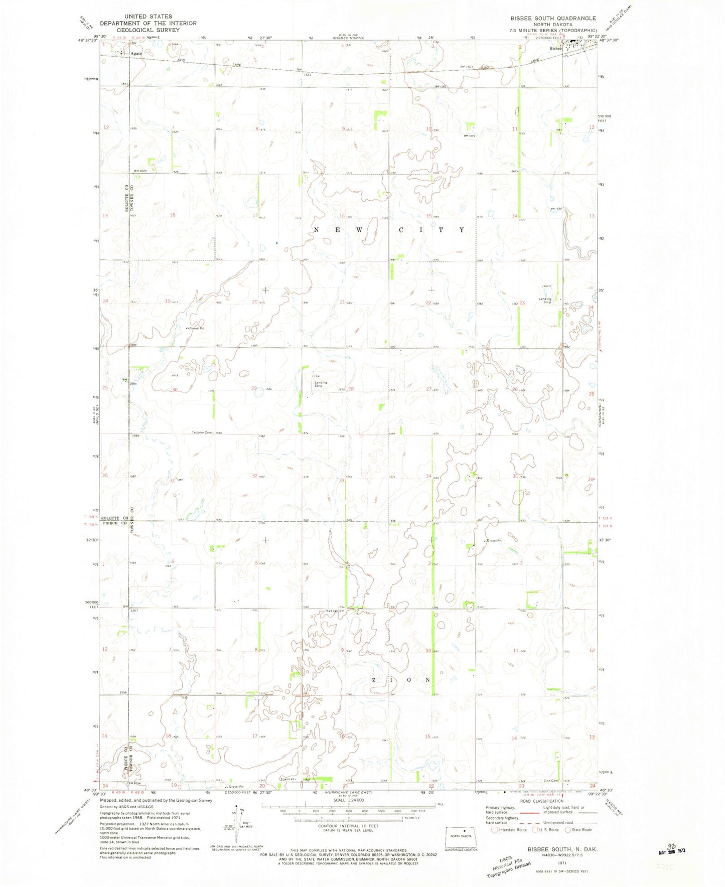 Classic USGS Bisbee South North Dakota 7.5'x7.5' Topo Map Image