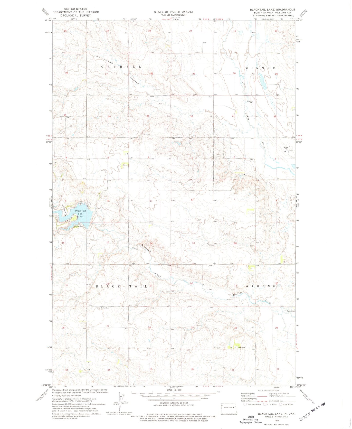 Classic USGS Blacktail Lake North Dakota 7.5'x7.5' Topo Map Image