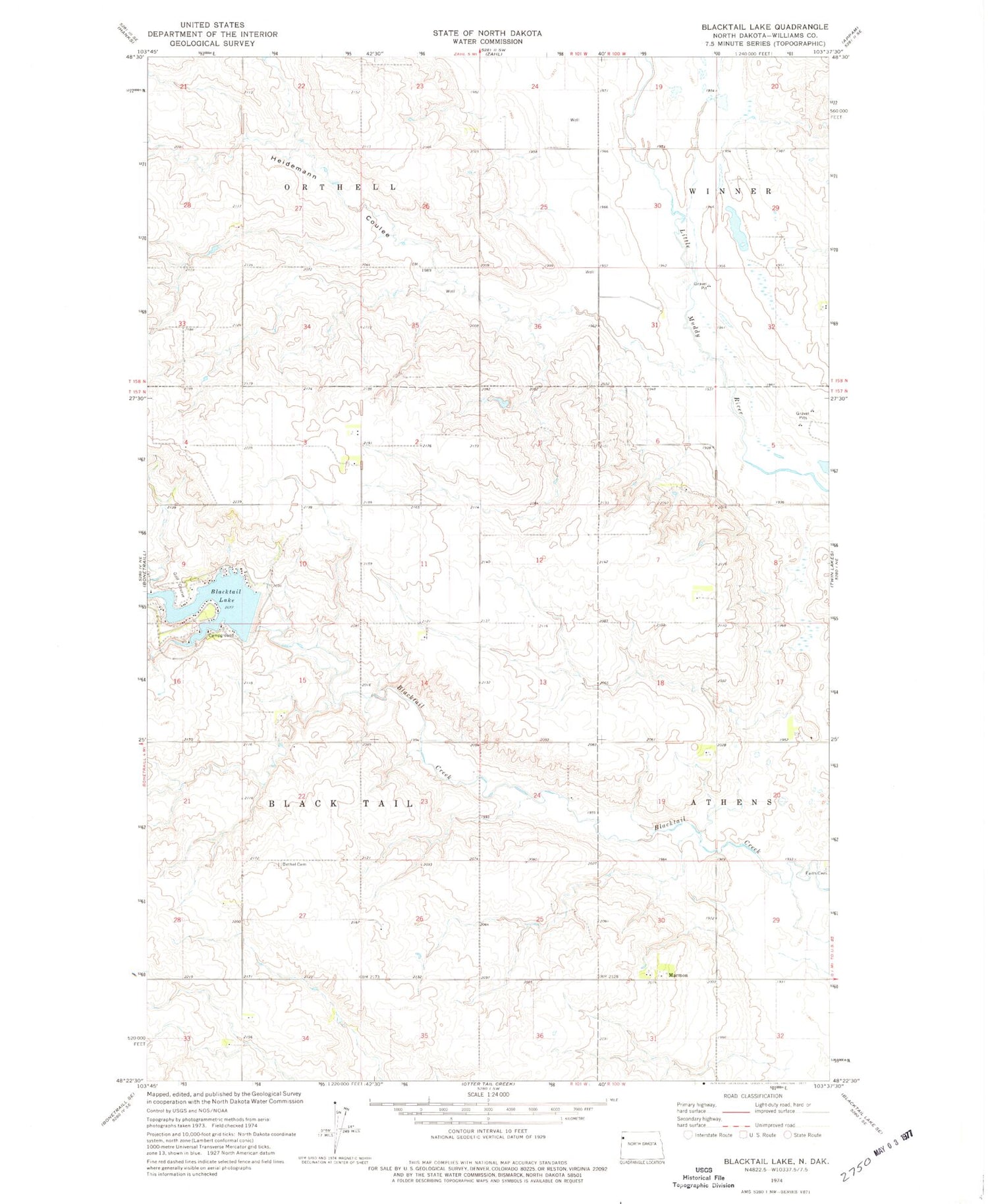 Classic USGS Blacktail Lake North Dakota 7.5'x7.5' Topo Map Image
