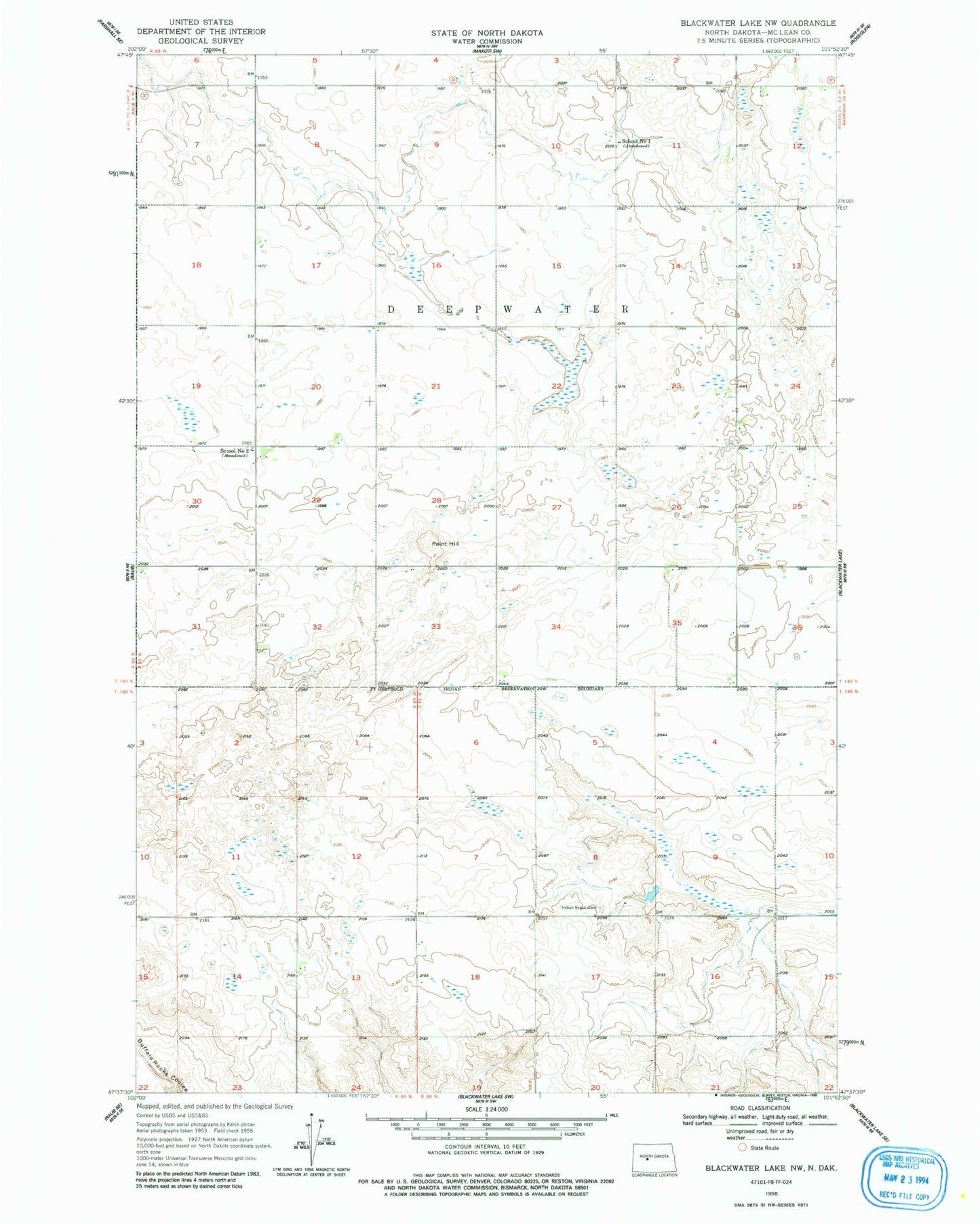 Classic USGS Blackwater Lake NW North Dakota 7.5'x7.5' Topo Map Image