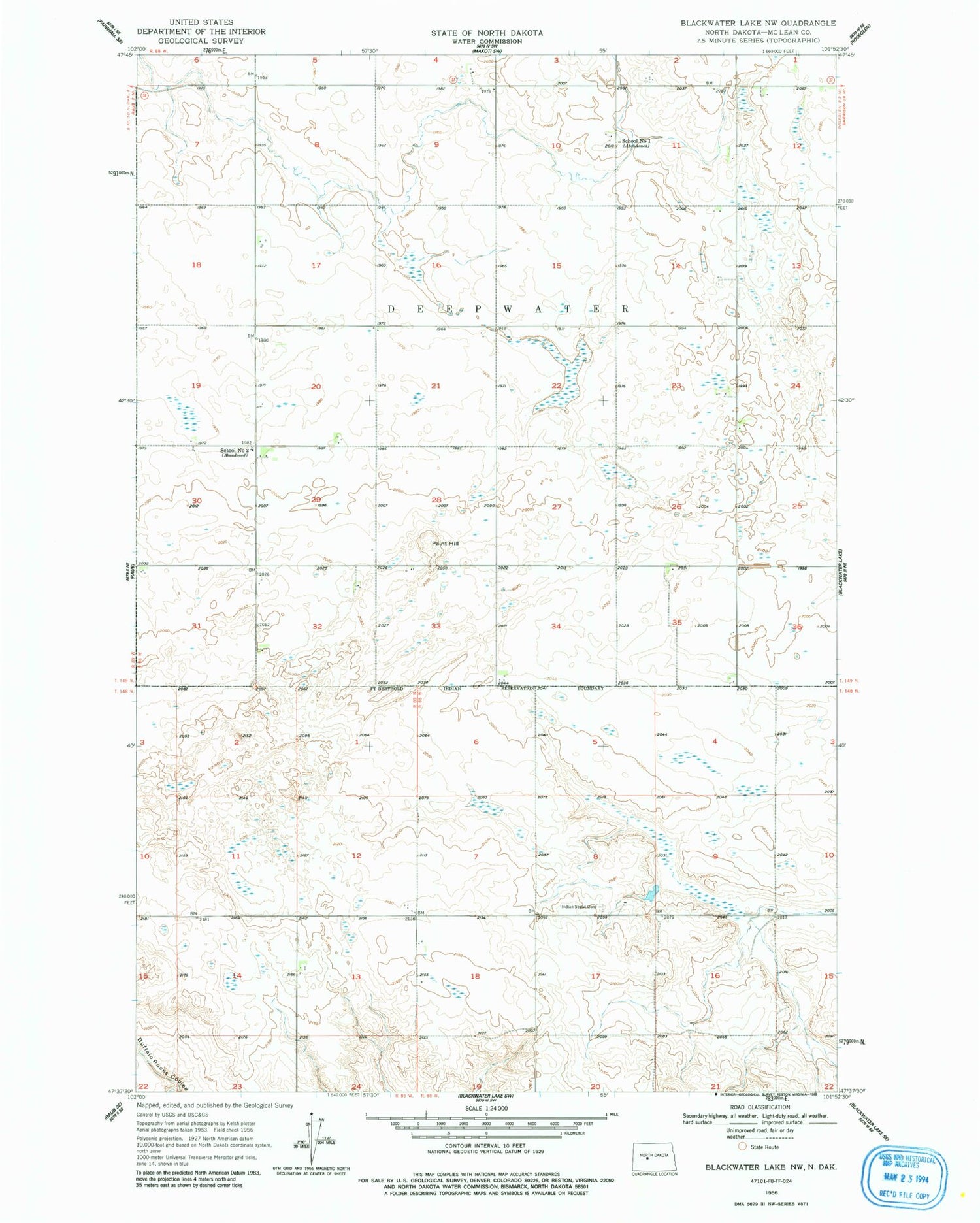 Classic USGS Blackwater Lake NW North Dakota 7.5'x7.5' Topo Map Image