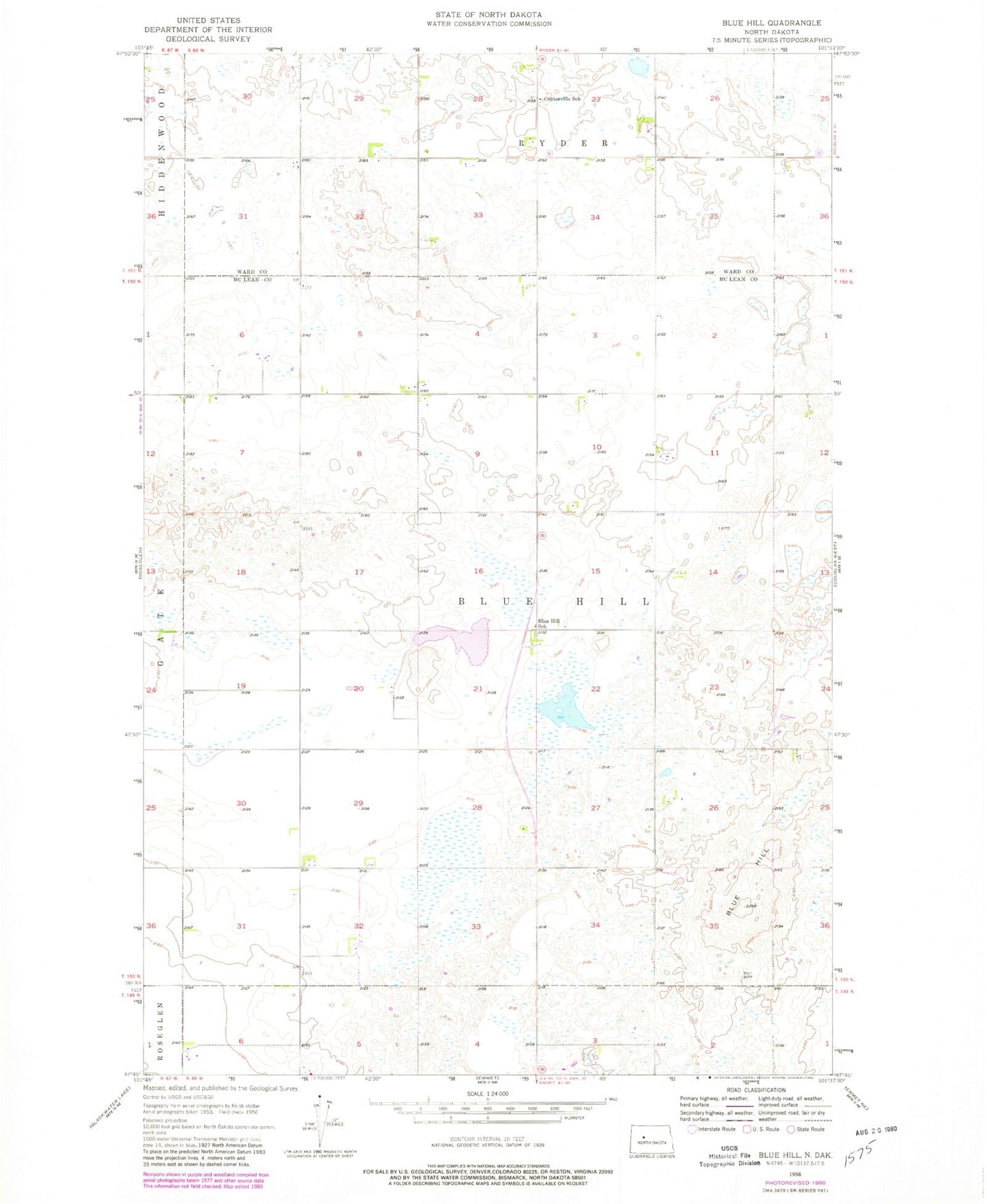 Classic USGS Blue Hill North Dakota 7.5'x7.5' Topo Map Image