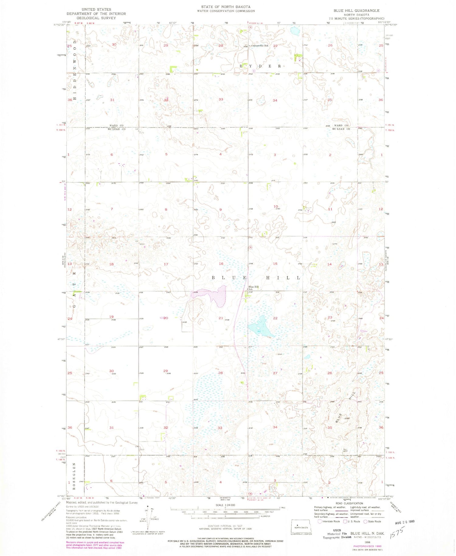 Classic USGS Blue Hill North Dakota 7.5'x7.5' Topo Map Image