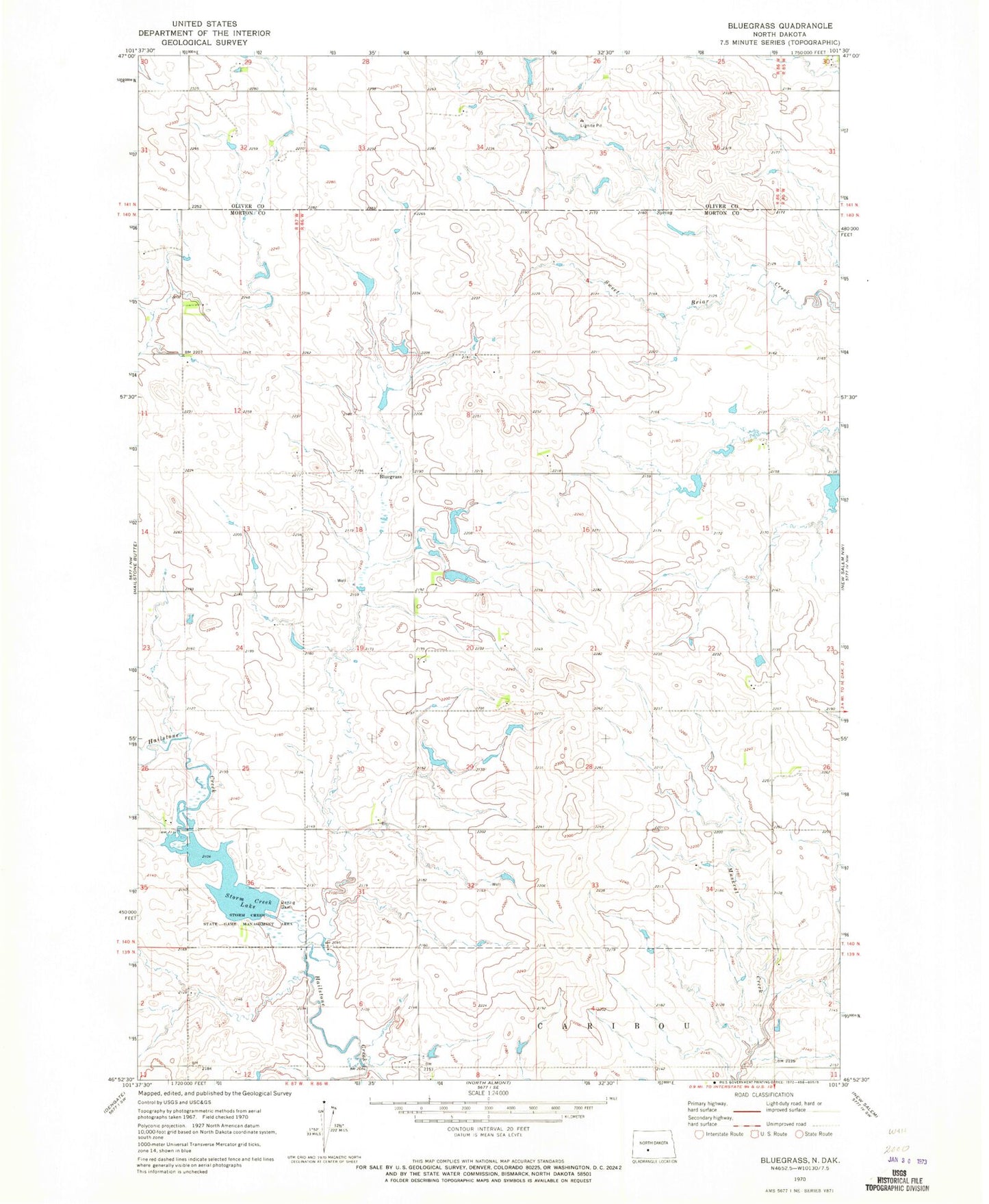 Classic USGS Bluegrass North Dakota 7.5'x7.5' Topo Map Image