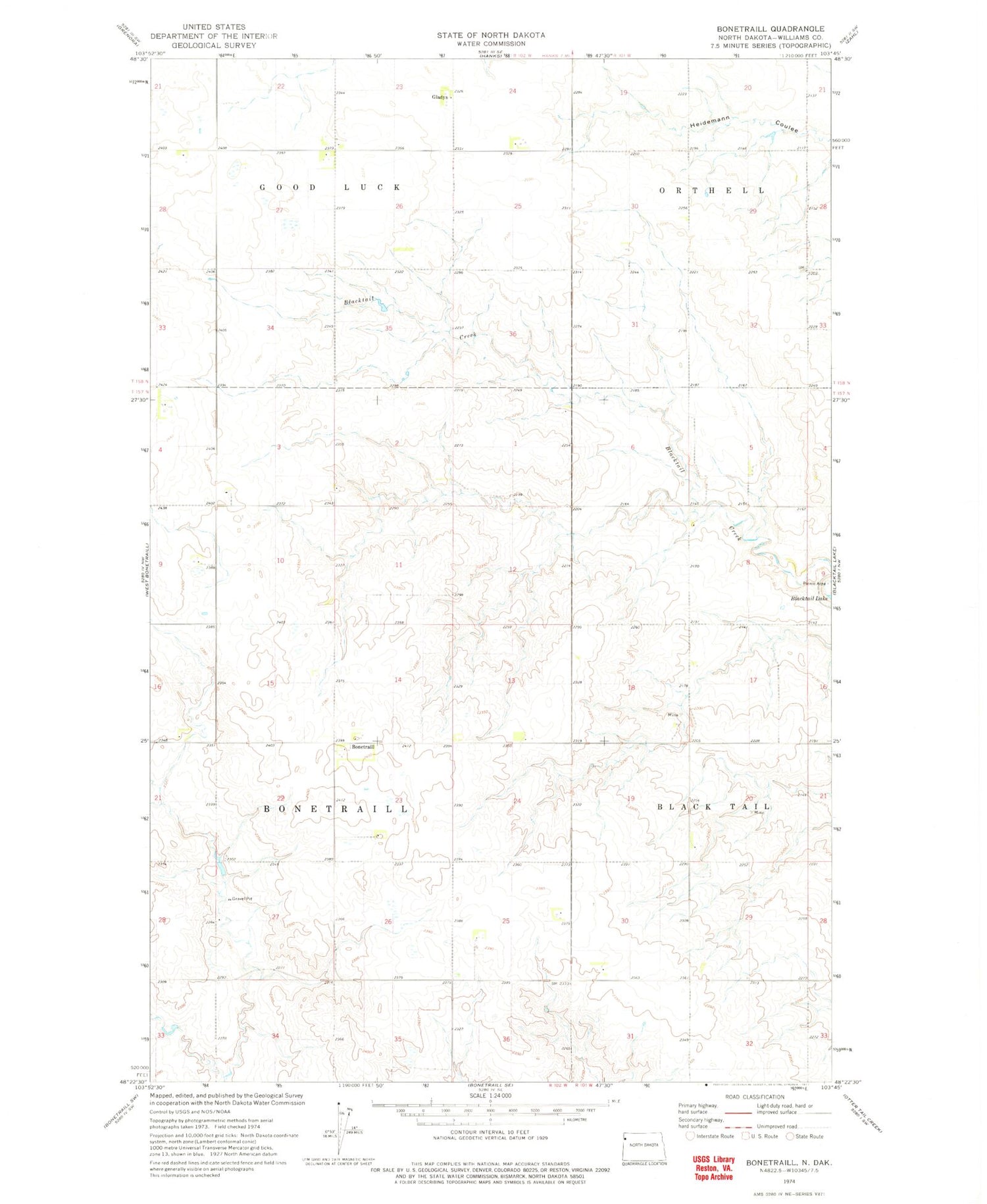 Classic USGS Bonetraill North Dakota 7.5'x7.5' Topo Map Image