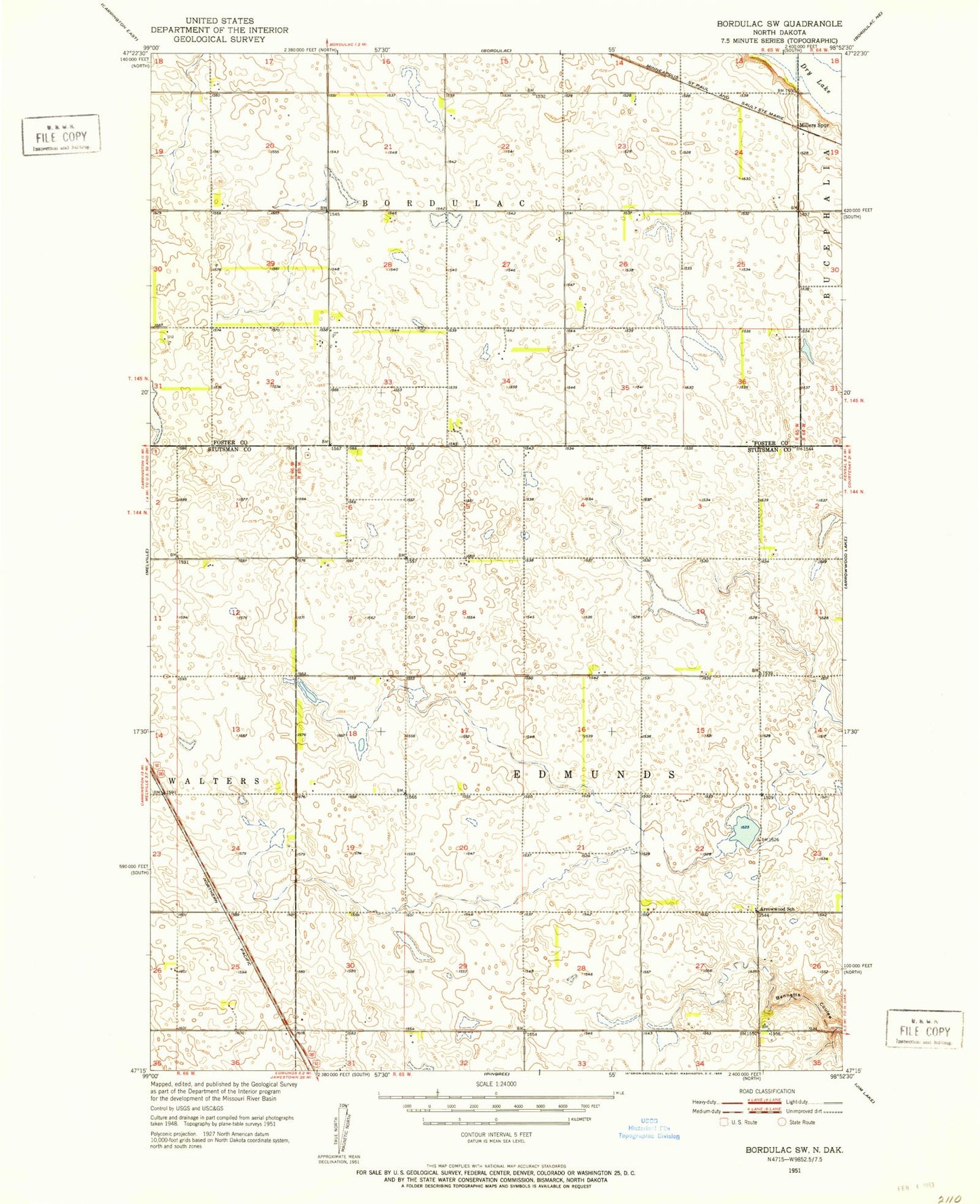 Classic USGS Bordulac SW North Dakota 7.5'x7.5' Topo Map Image