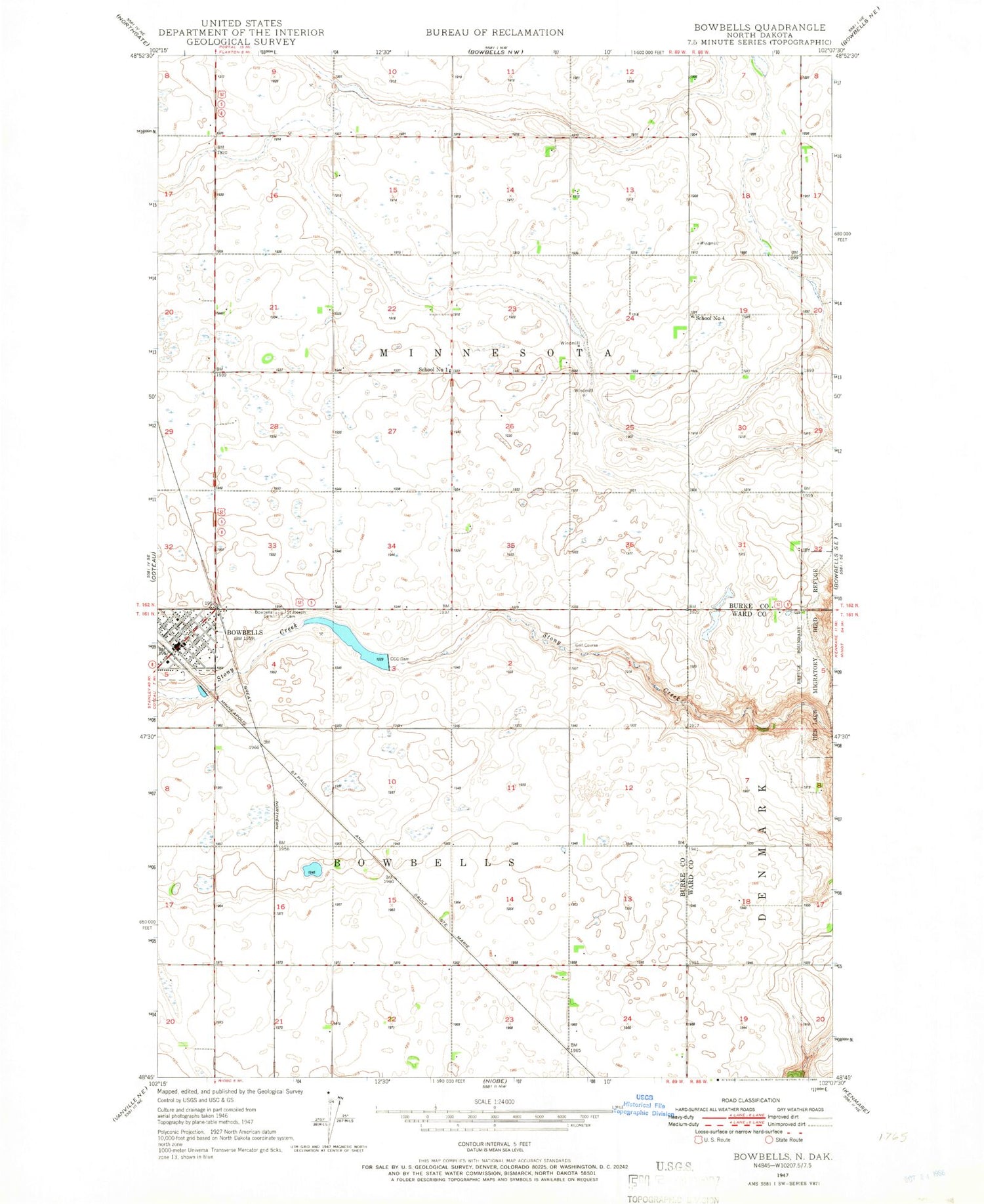 Classic USGS Bowbells North Dakota 7.5'x7.5' Topo Map Image