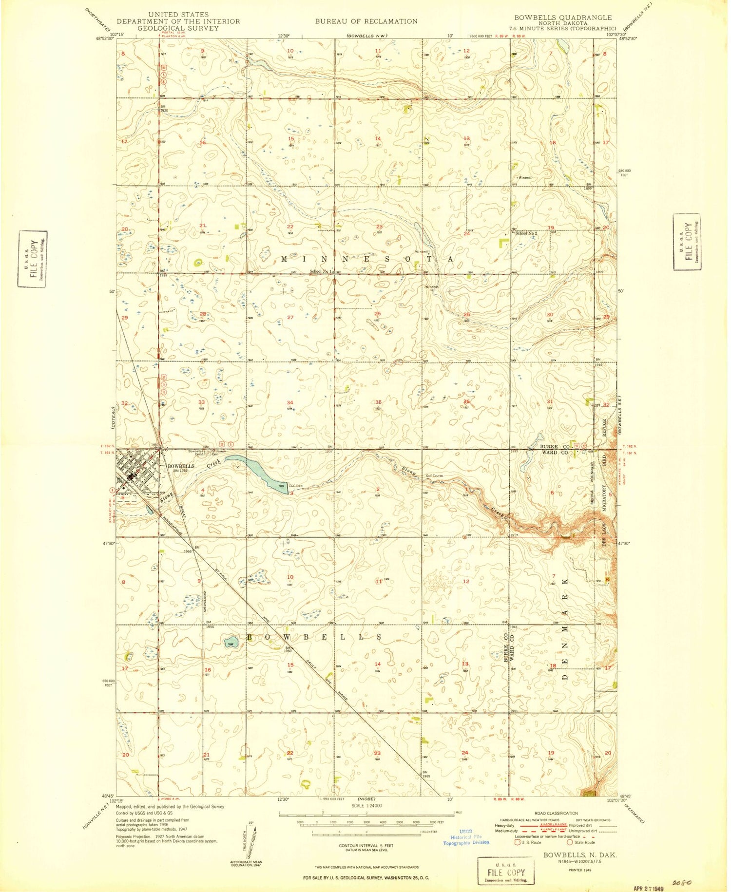 Classic USGS Bowbells North Dakota 7.5'x7.5' Topo Map Image