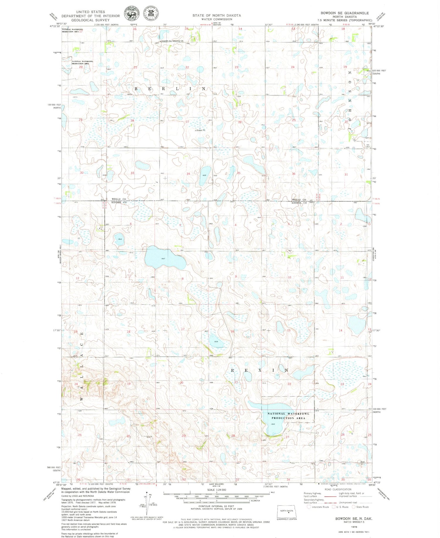 Classic USGS Bowdon SE North Dakota 7.5'x7.5' Topo Map Image
