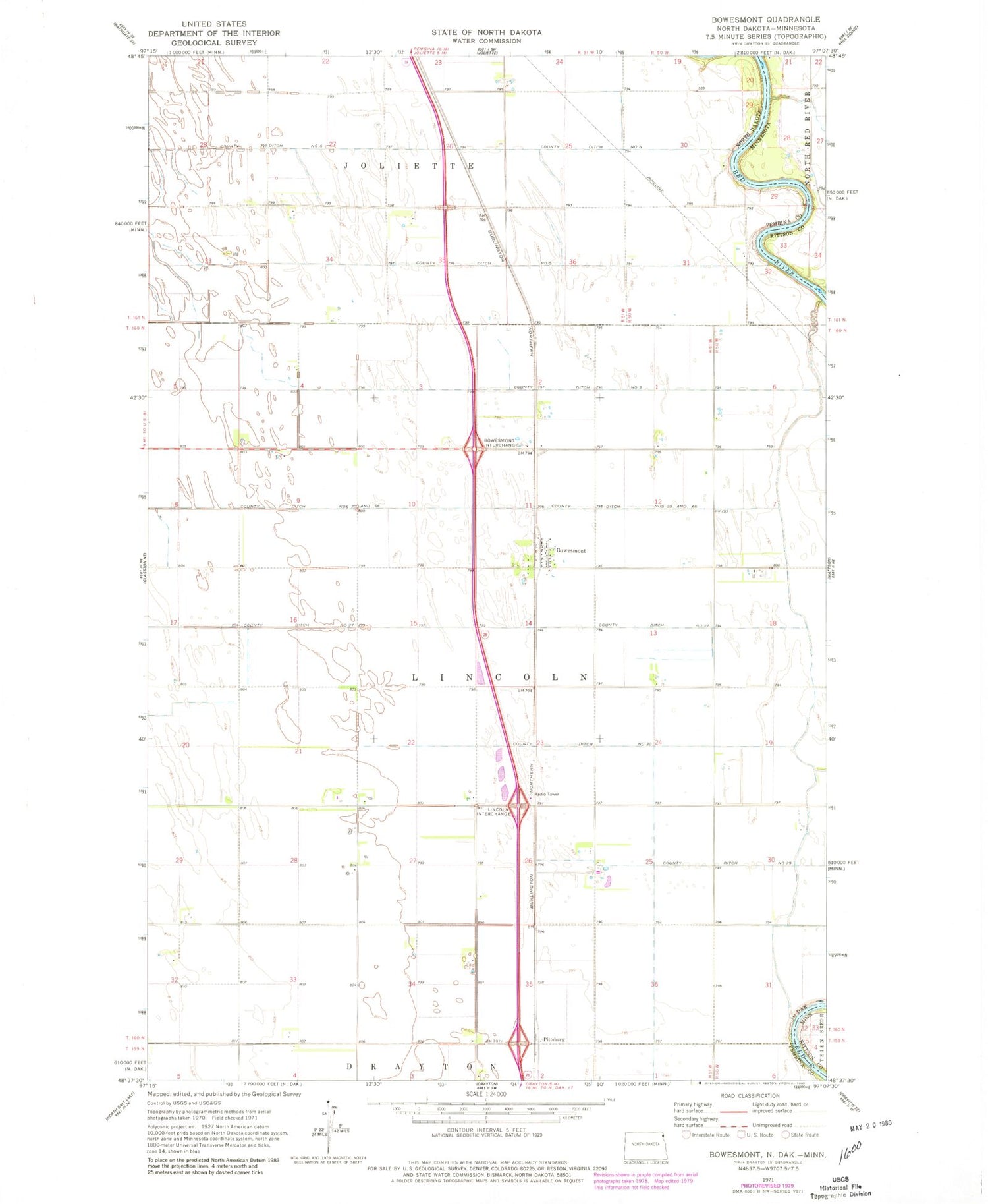 Classic USGS Bowesmont North Dakota 7.5'x7.5' Topo Map Image