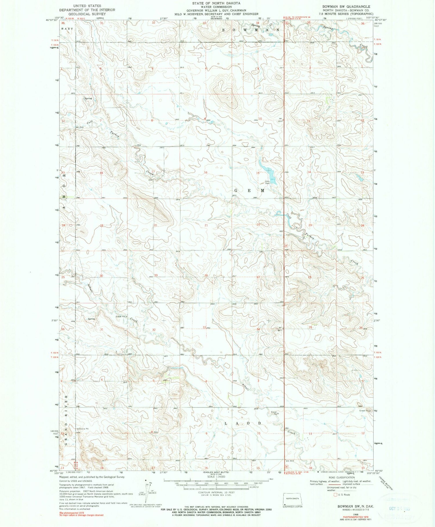 Classic USGS Bowman SW North Dakota 7.5'x7.5' Topo Map Image