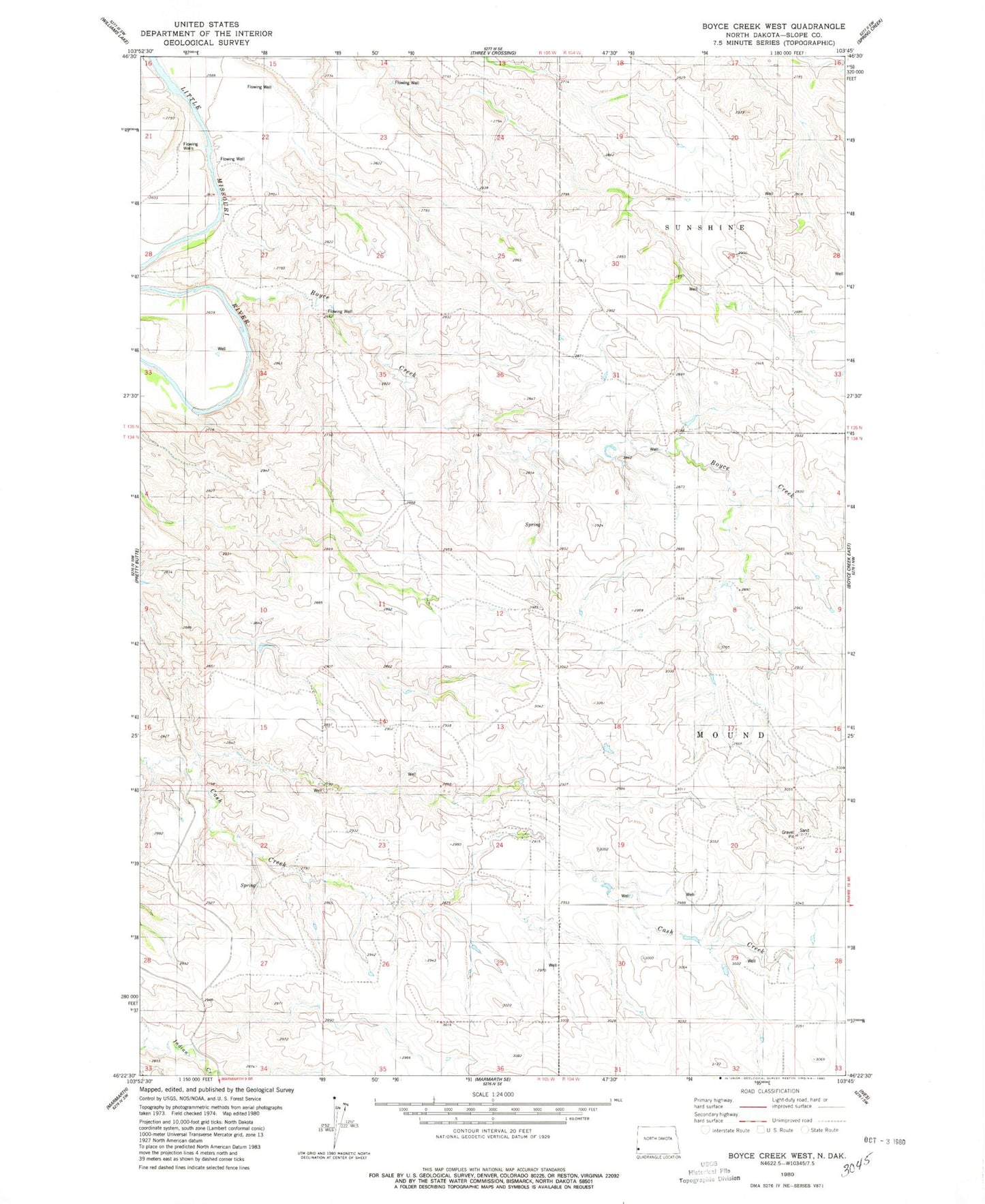 Classic USGS Boyce Creek West North Dakota 7.5'x7.5' Topo Map Image