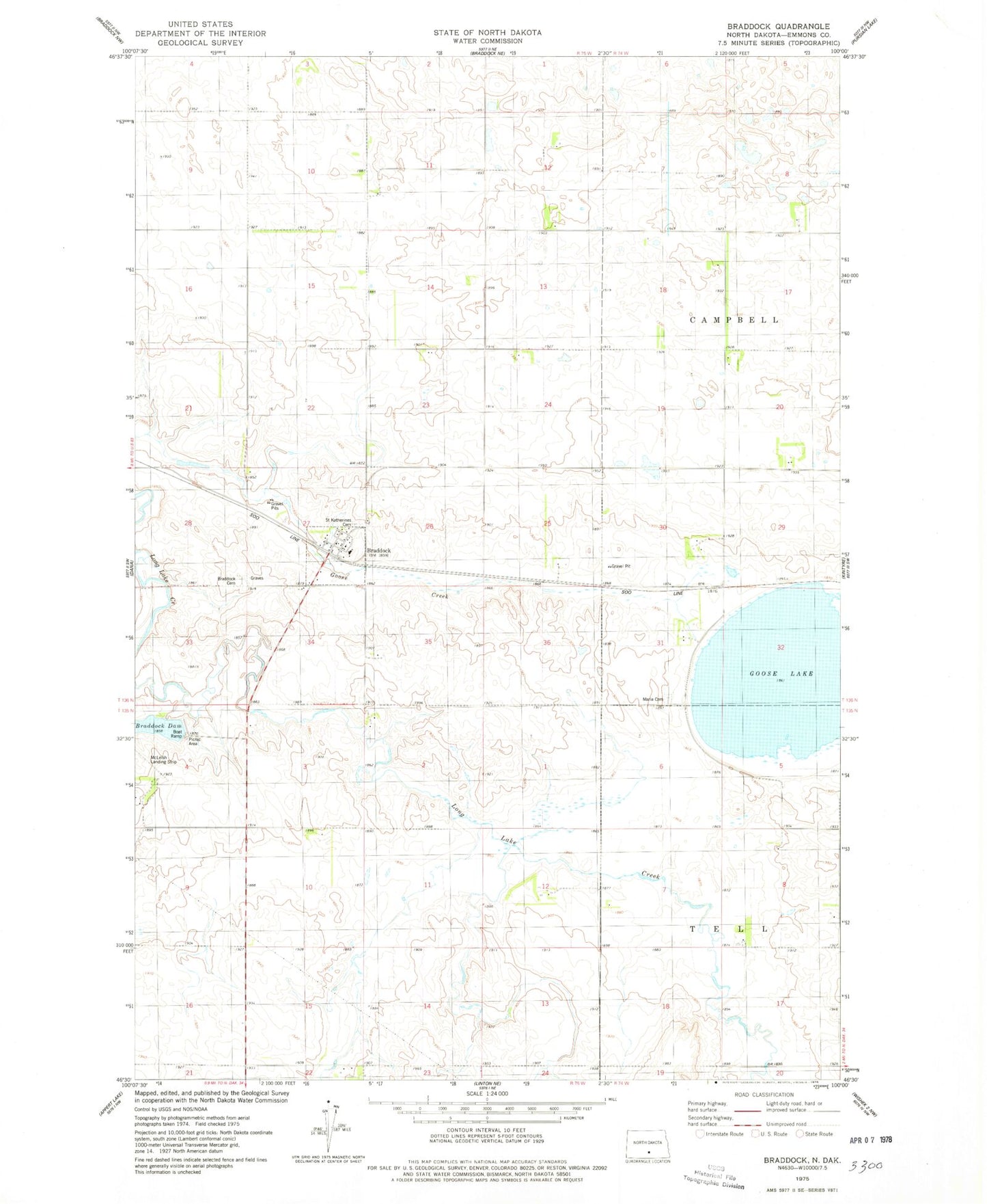 Classic USGS Braddock North Dakota 7.5'x7.5' Topo Map Image