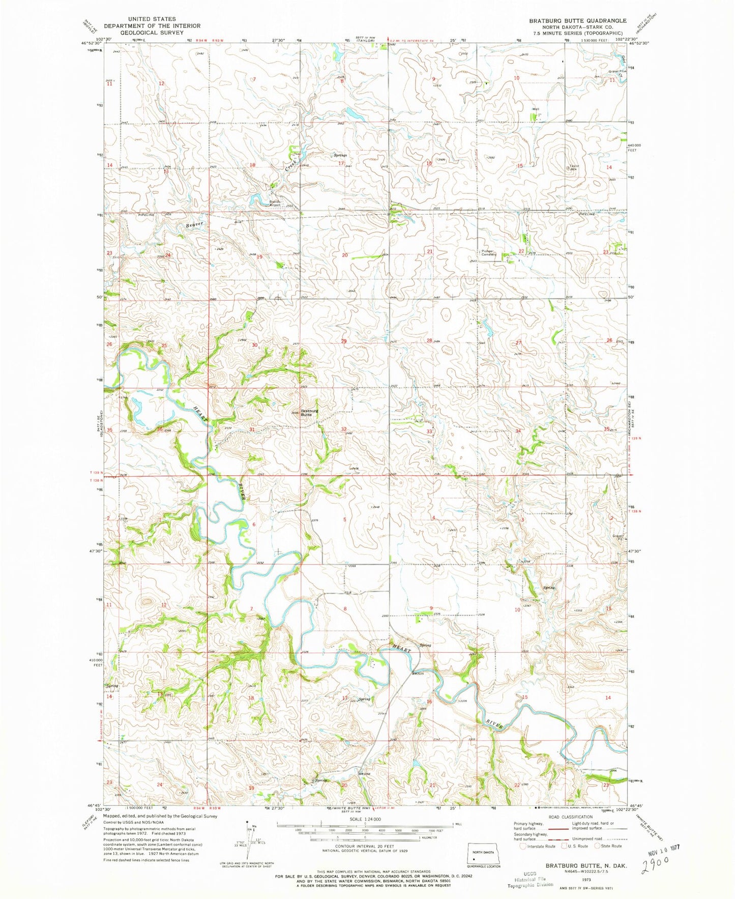Classic USGS Bratburg Butte North Dakota 7.5'x7.5' Topo Map Image