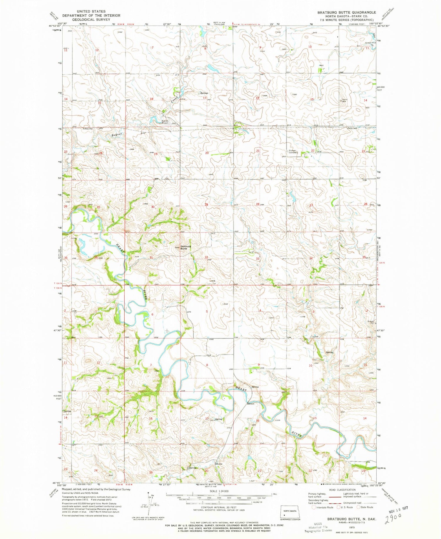 Classic USGS Bratburg Butte North Dakota 7.5'x7.5' Topo Map Image