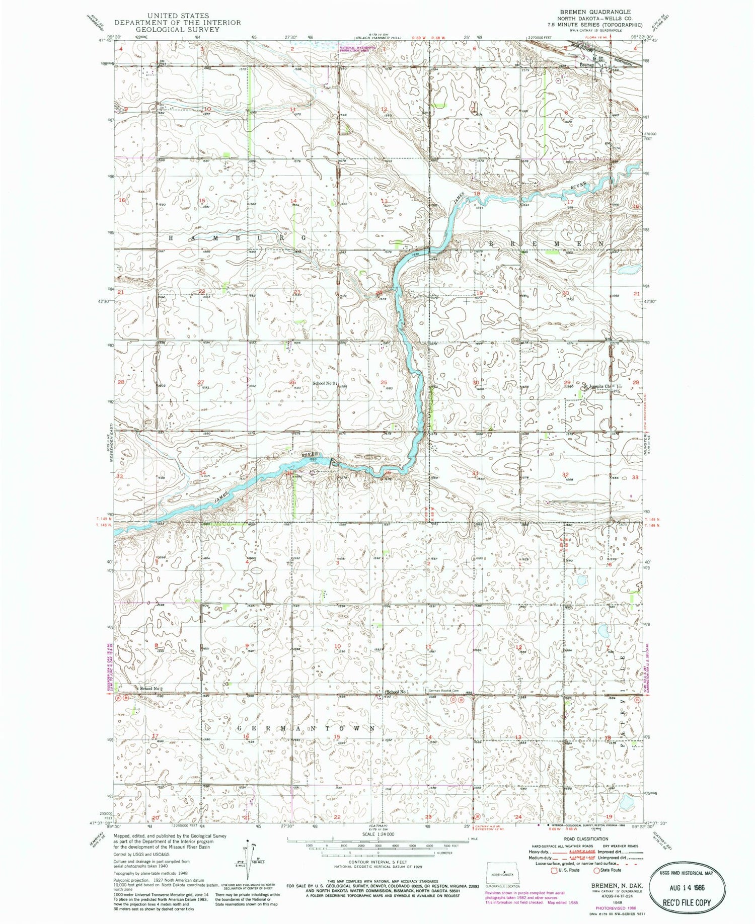 Classic USGS Bremen North Dakota 7.5'x7.5' Topo Map Image